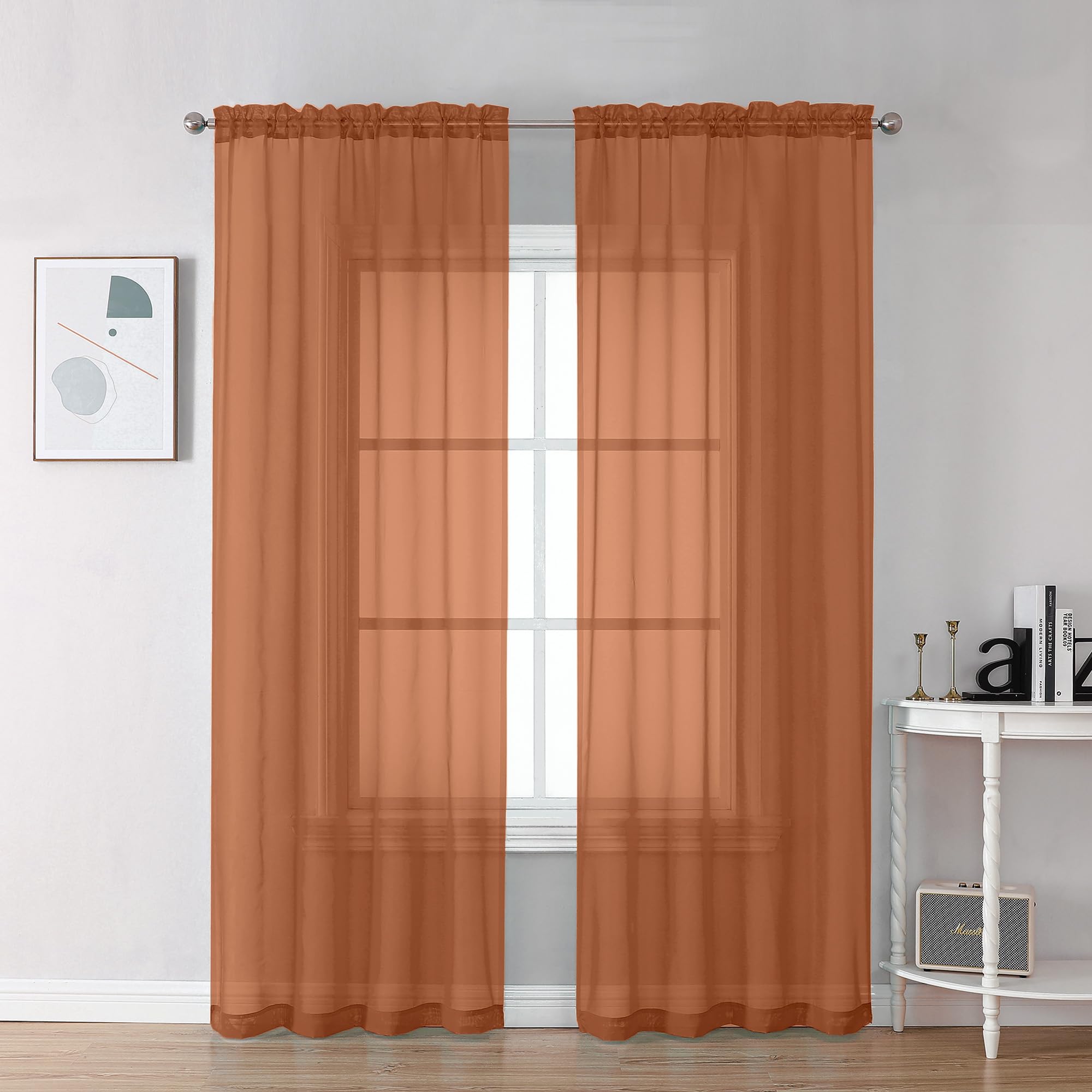 Chyhomenyc Orange Sheer Curtains 72 Inch Length 2 Panels, Light Filtering Soft Airy Rod Pocket Voile Window Curtain Drapes for French Door Bedroom Living Room, Each 42Wx72L Inches