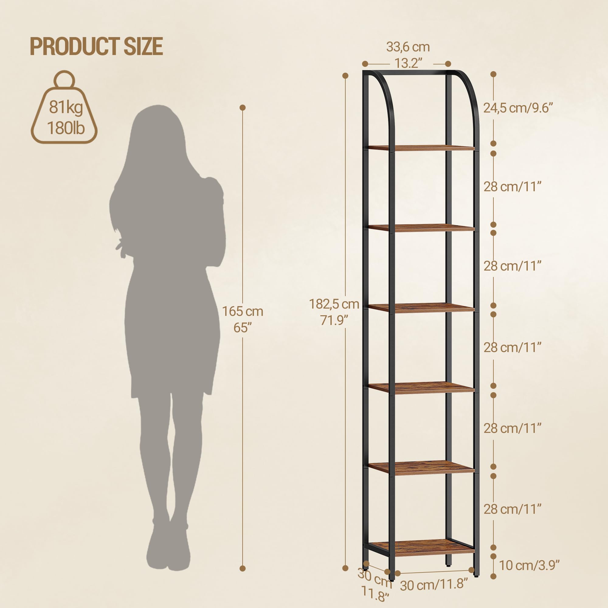 Hzuaneri Libreria Alta a 6 Ripiani, Scaffale Aperto, Struttura In Metallo, Stile Industriale, 30 x 30 x 178,6 cm, Adatta Per Studio, Soggiorno, Camera Da Letto, Cucina, Marrone Rustico BC56001B