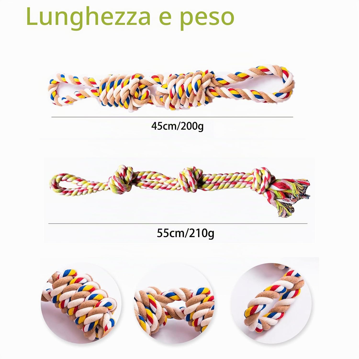 Set di 2 giocattoli da masticare con corda di cotone, 3 nodi, indistruttibili, per cani medi e piccoli