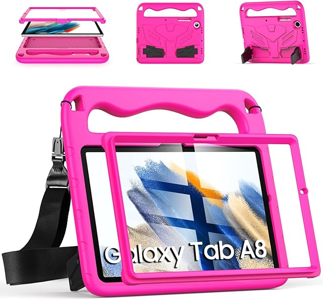 DUZZONA Kids Case with Built-in Screen Protector for Samsung Galaxy Tab A8 10.5 Inch 2022 (SM-X200/X205/X207), Light Weight ShockProof Tab A8 Protective Kids Case with Shoulder Strap, Rose Pink