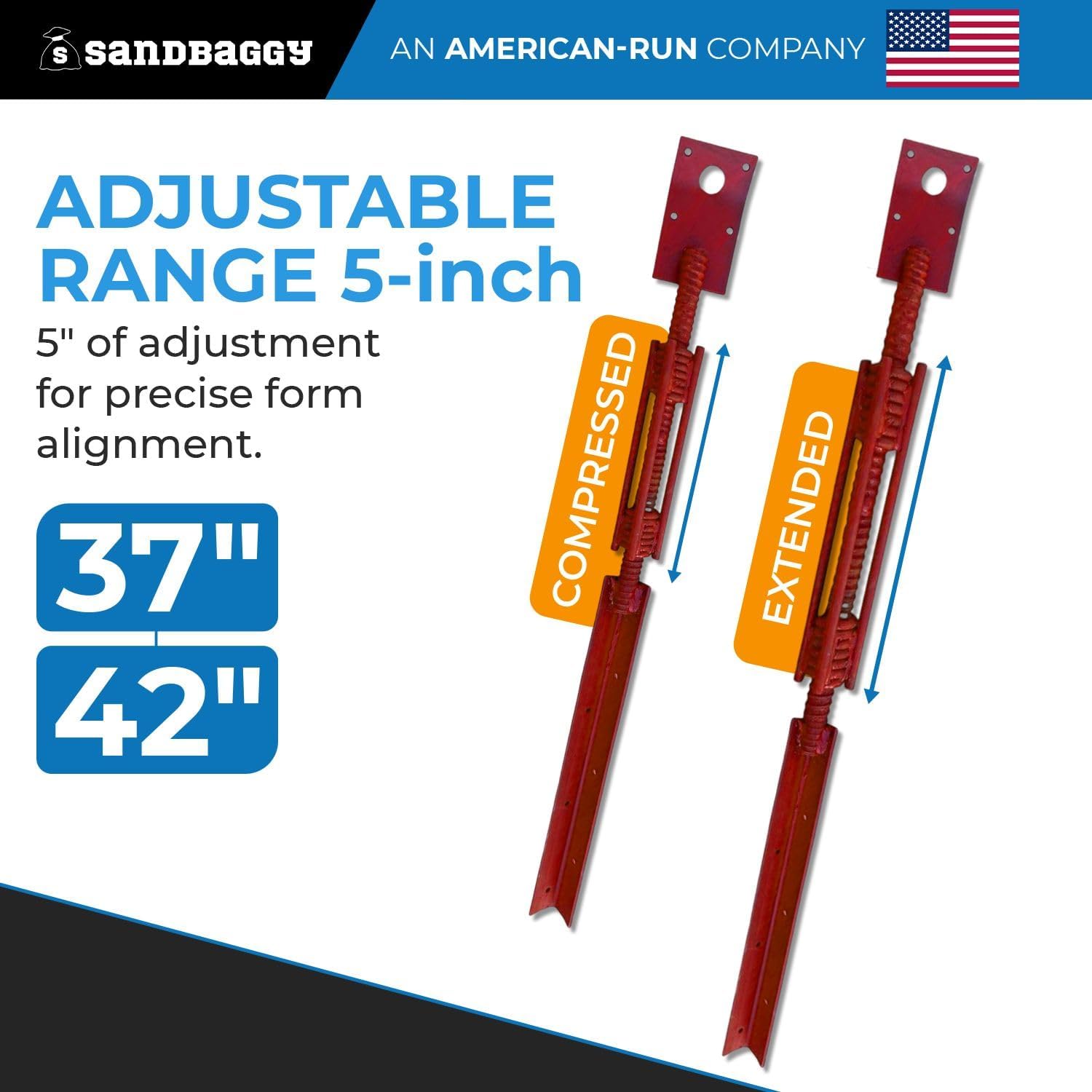 Sandbaggy Concrete Turnbuckle Form Aligner with 5" x 3" Bent Plate | Adjusts from 37" to 42" | Rust-Resistant Steel Wall Brace | Aligns Plumbs Walls, Columns, Beams | 1 Year Warranty (Bent Plate, 1)