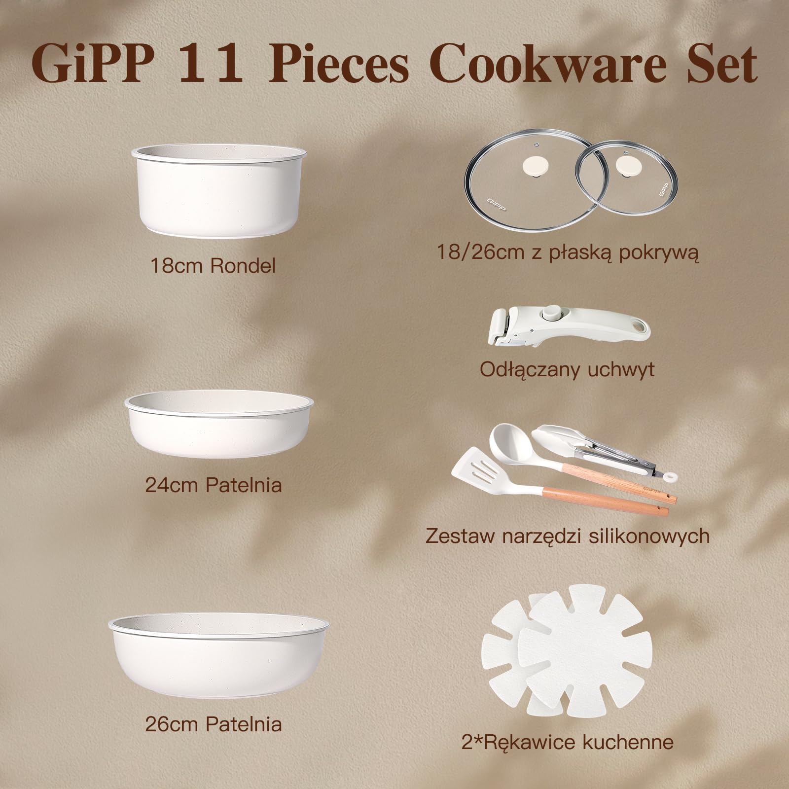 GiPP 11-częściowy zestaw patelni z powłoką nieprzywierającą, biały