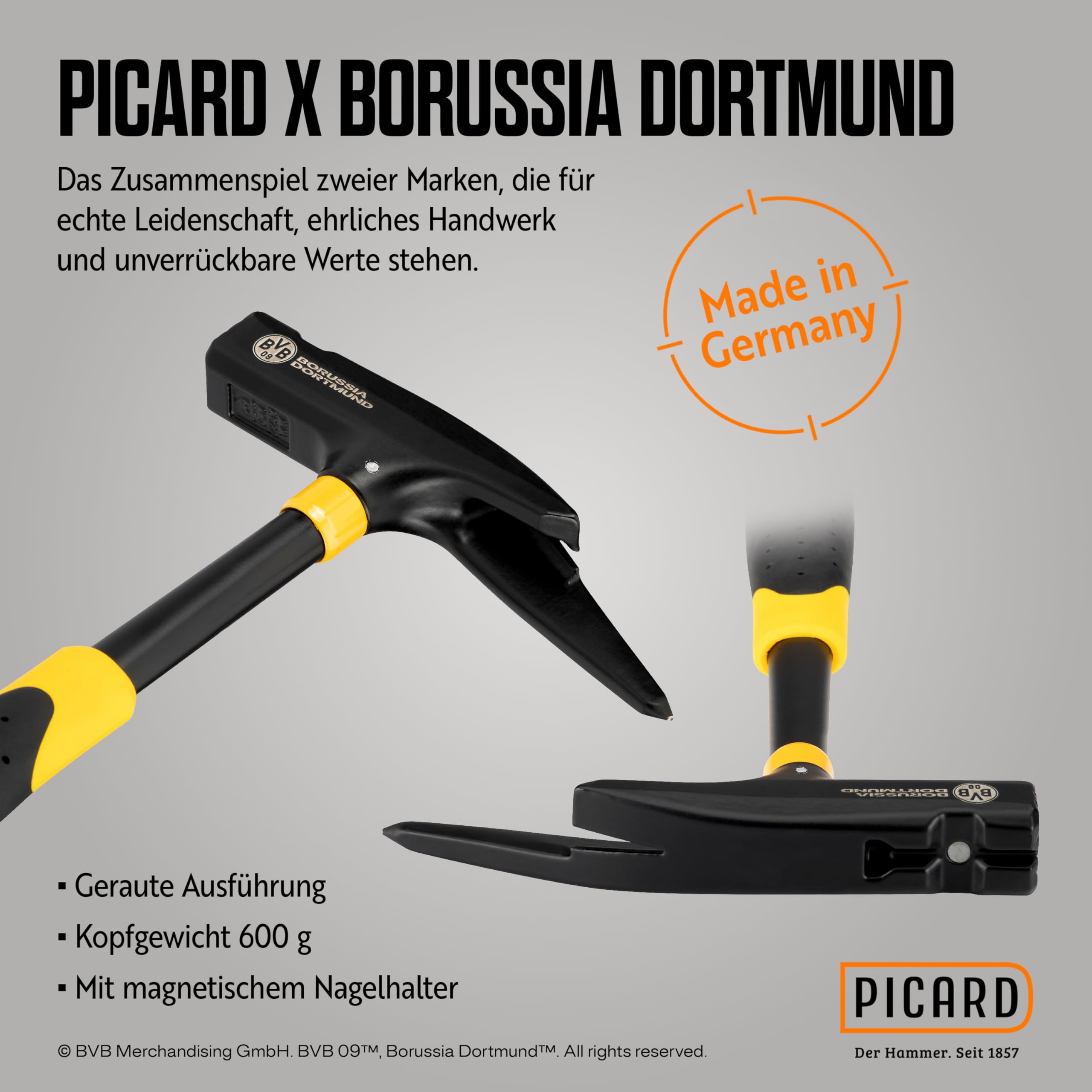 PICARD Martello da carpentiere BVB Edition n. 620M | Martello da carpentiere in design ufficiale del Borussia Dortmund | Prodotto con licenza per veri fan del Borussia | Martello per professionisti |