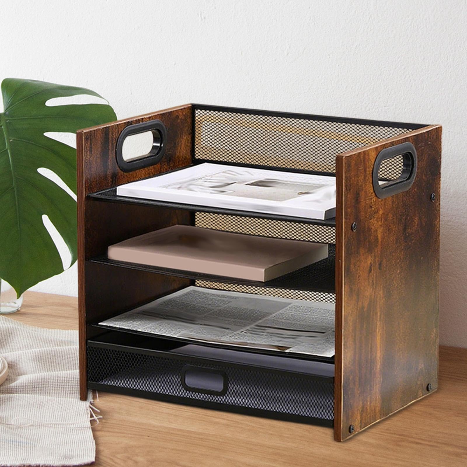 harayaa Schreibtisch-Datei-Organizer, Schreibtisch-Organizer aus Holz mit Schublade und Griff, Papierablage aus Holz für Zuhause, 4-stufig