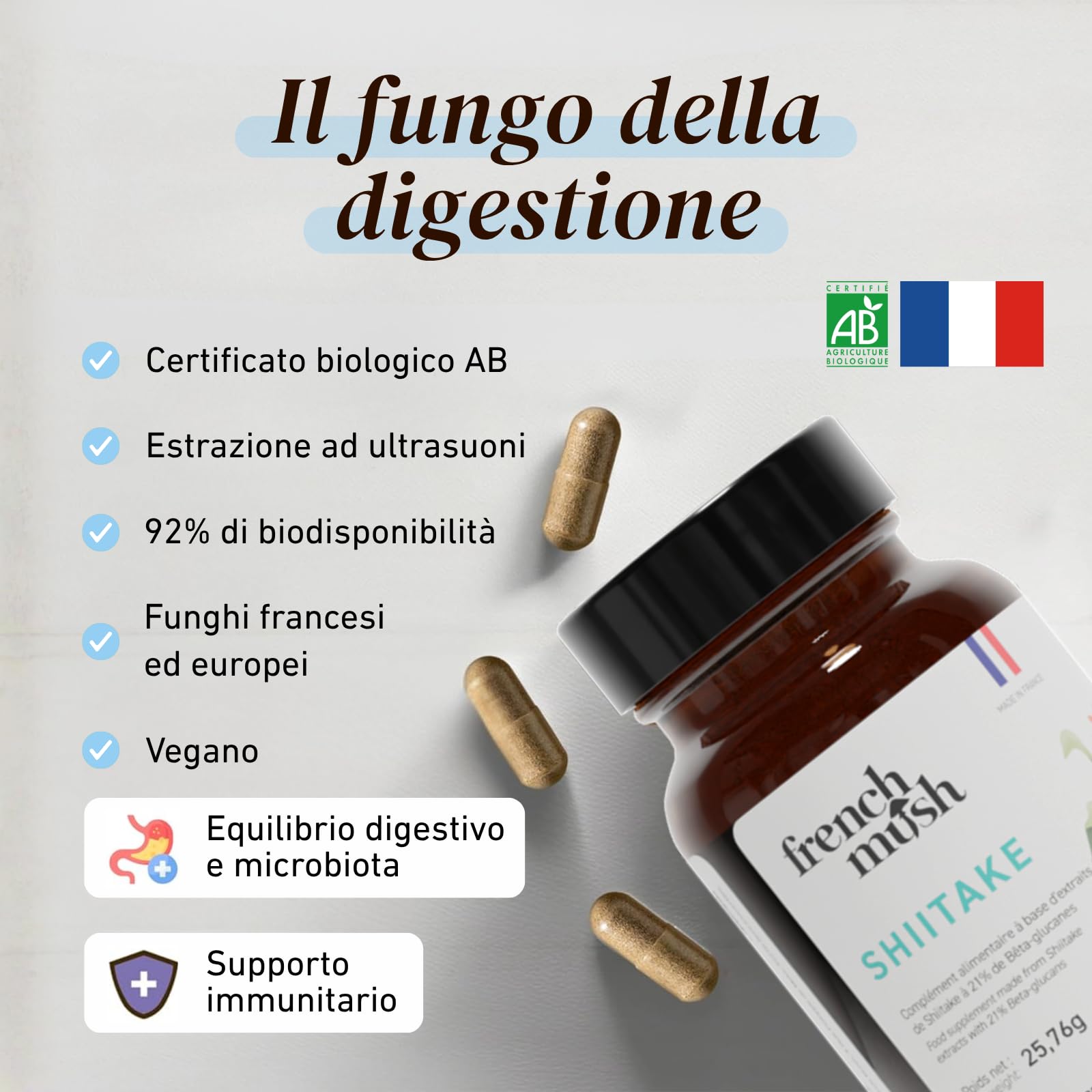 French Mush Shiitake Bio – 56 Capsule Vegane – Immunità, Digestione e Benessere Generale – Estratto Concentrato di Shiitake (Lentinula edodes) – 2 Capsule/Giorno – 100% Bio e Prodotto in Francia