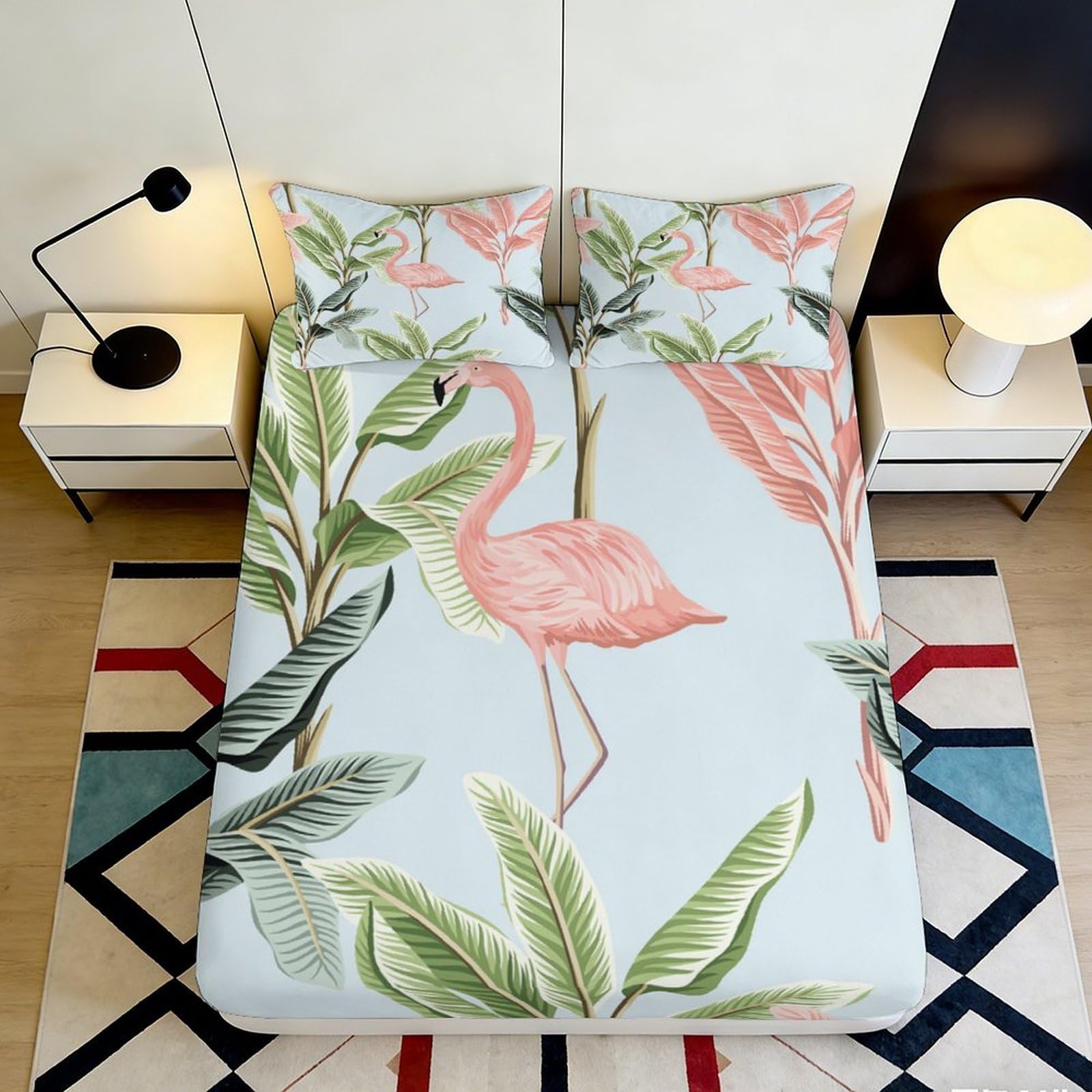 3D Printed Flamingo Tropical Leaves Fitted Sheet Microfiber Soft Anti-Slip Bed Cover for Bedroom Guest Room Decor 90x200x25cm