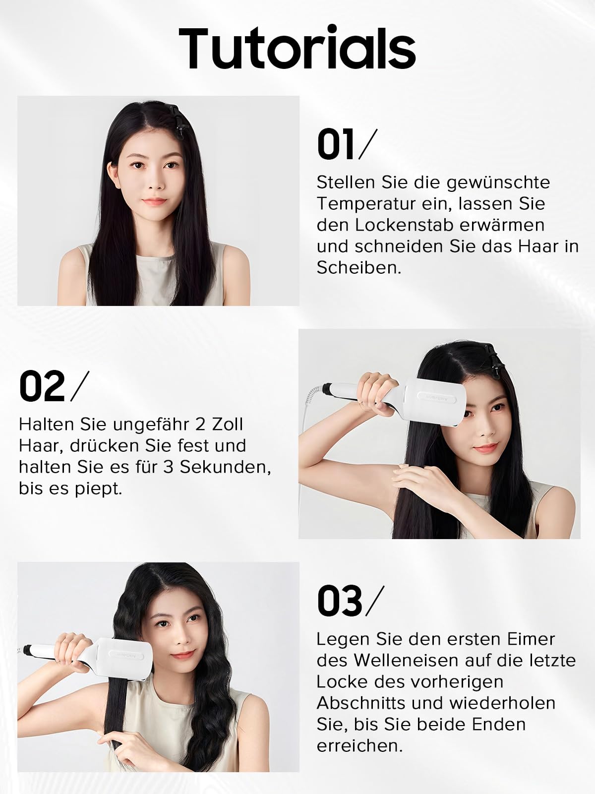 Welleneisen für Strandwellen & Locken – Keramik-Ionen Lockenstab mit 3-Tube-Design, 3 Temperaturstufen (160/180/200°C), 32mm, 138W, für Anfänger geeignet