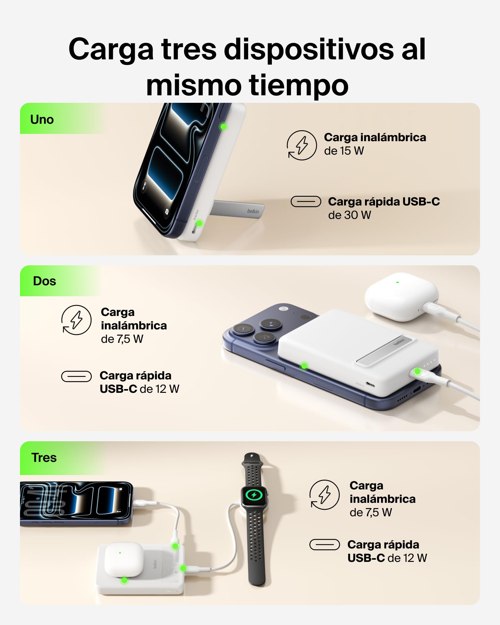 Belkin BoostCharge Batería Externa Magnética Delgada 10000mAh - Blanco | Power Bank con Soporte, Anillo Magnético, 1 Puerto USB-C, Cable Incluido, Autorizada como Equipaje de Mano, Batería Portátil