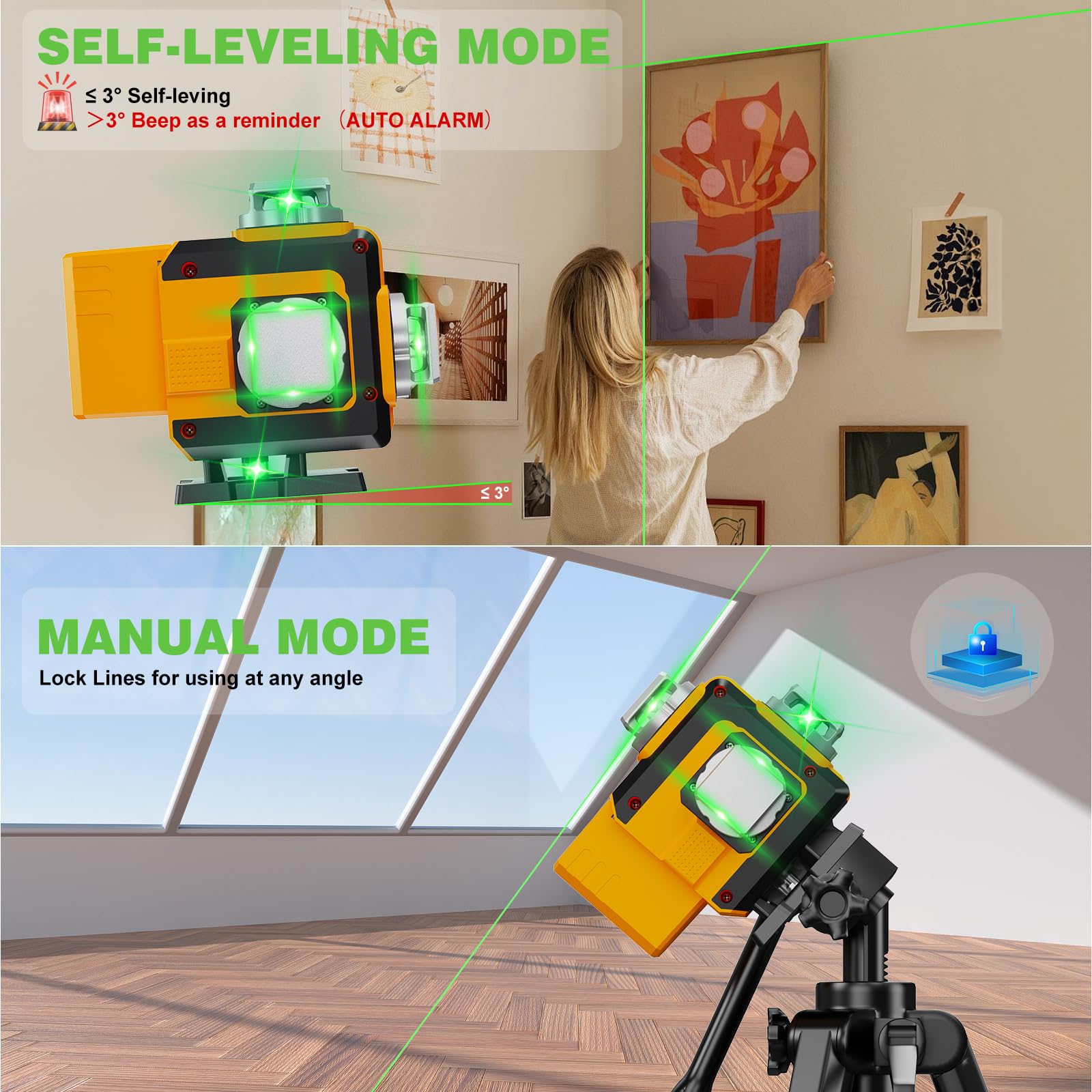 Livella Laser Autolivellante 4 X 360° Verde, Impermeabile, ±3° Livellamento Automatico, Per Costruzione e Appendere Quadri, 2 * 4800mAh batterie (16 Linee)