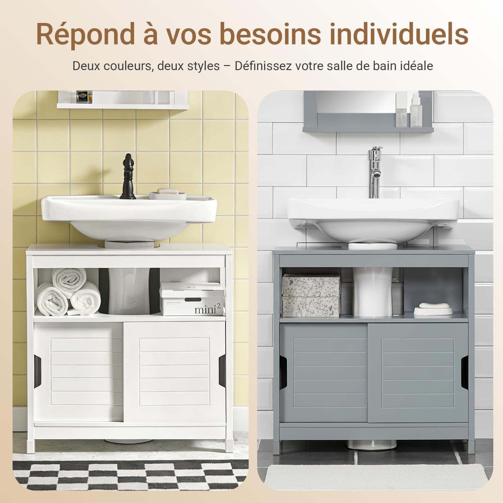 SoBuy Meuble sous Lavabo Salle de Bain avec 2 Portes Coulissantes Silencieuses, Meuble sous Lavabo, Rangement Optimisé pour Petite Surface, Anti-Humidité, Bois, Blanc, L60xP30xH60cm, FRG128-II-W