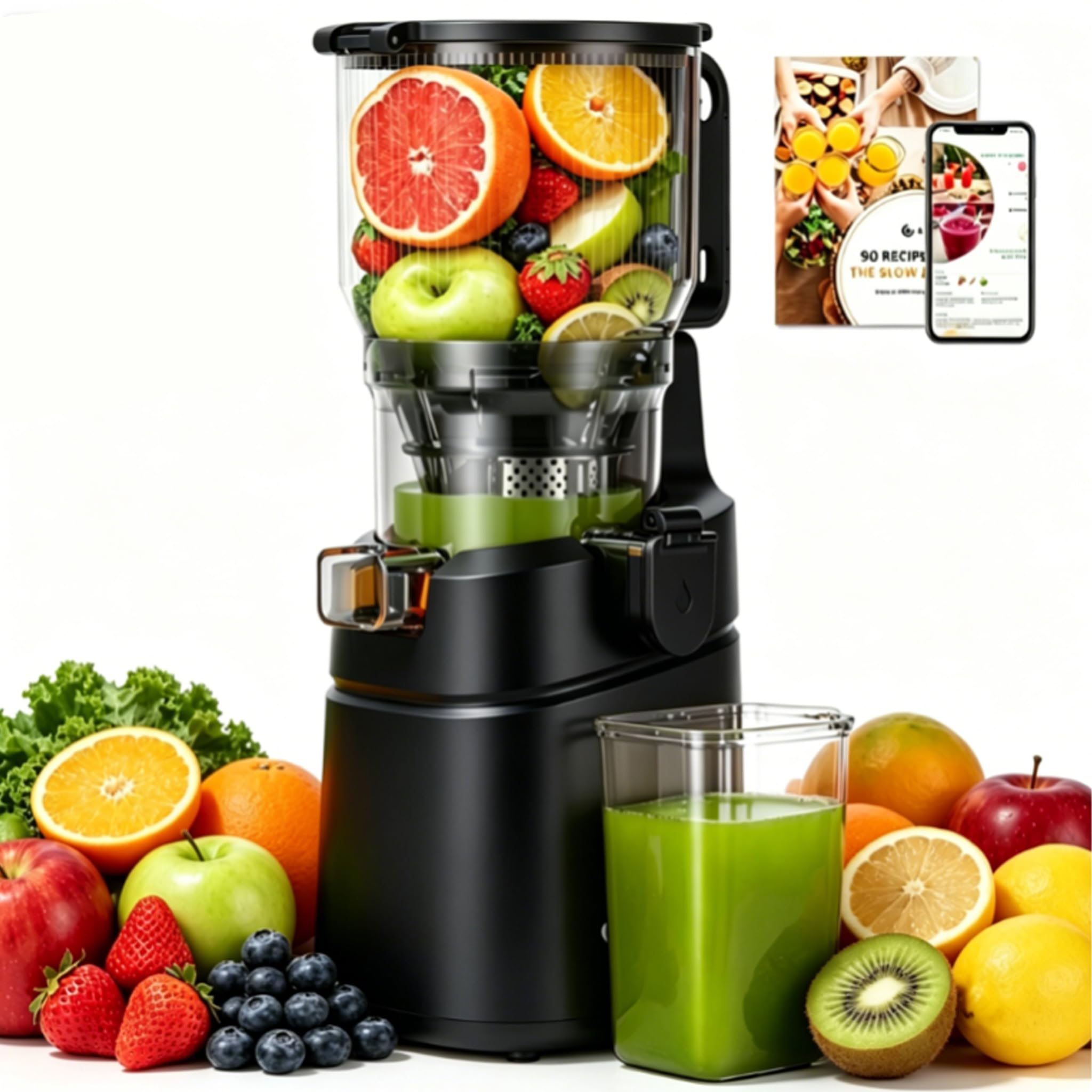 AMZCHEF Licuadora para Verduras y Frutas con 2 Modos de Velocidad - Licuadora Prensado en Frio con Función Inversa - Extractor de Zumos y Verduras con Botella Portátil y 2 Tazas - Negro Juicer