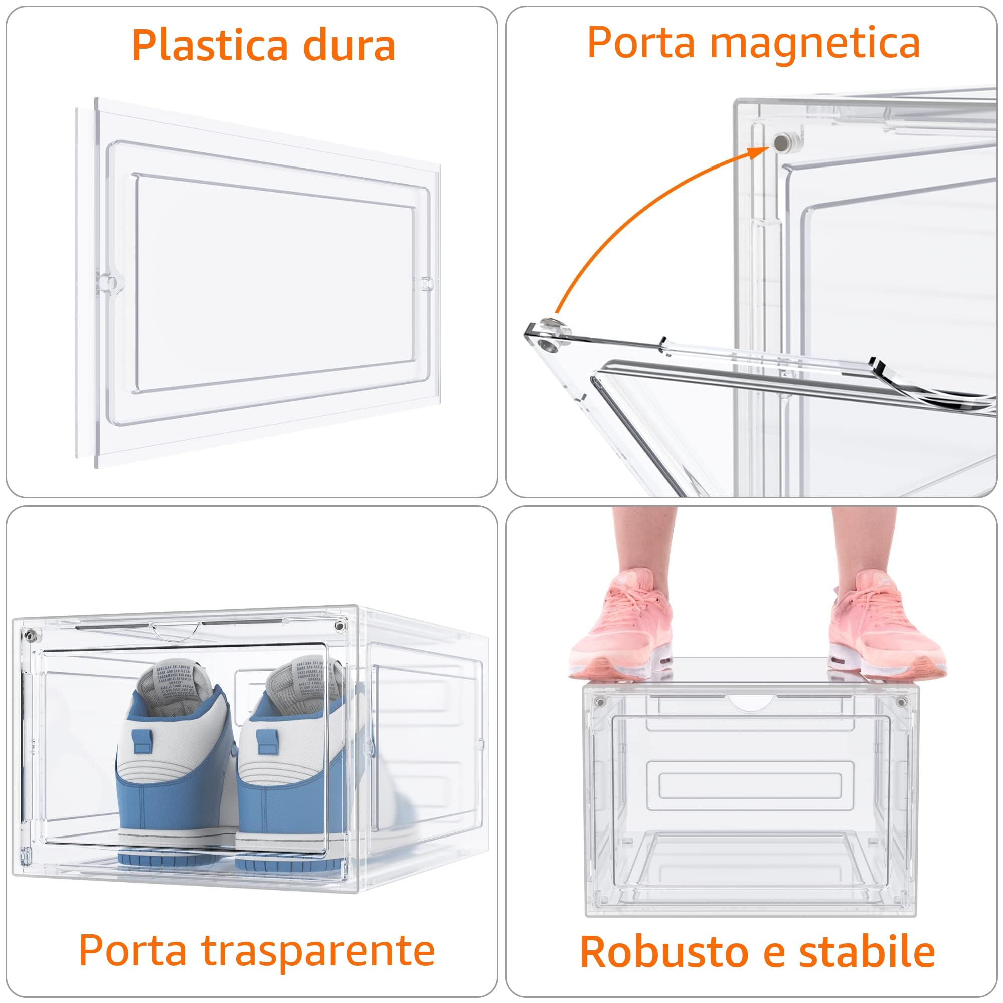 HOMIDEC 6 pcs Scatole per Scarpe,Scatole Portascarpe in Plastica Trasparenti impilabili, Contenitori Portascarpe con Coperchi per donna/uomo (35x25x18.7cm)