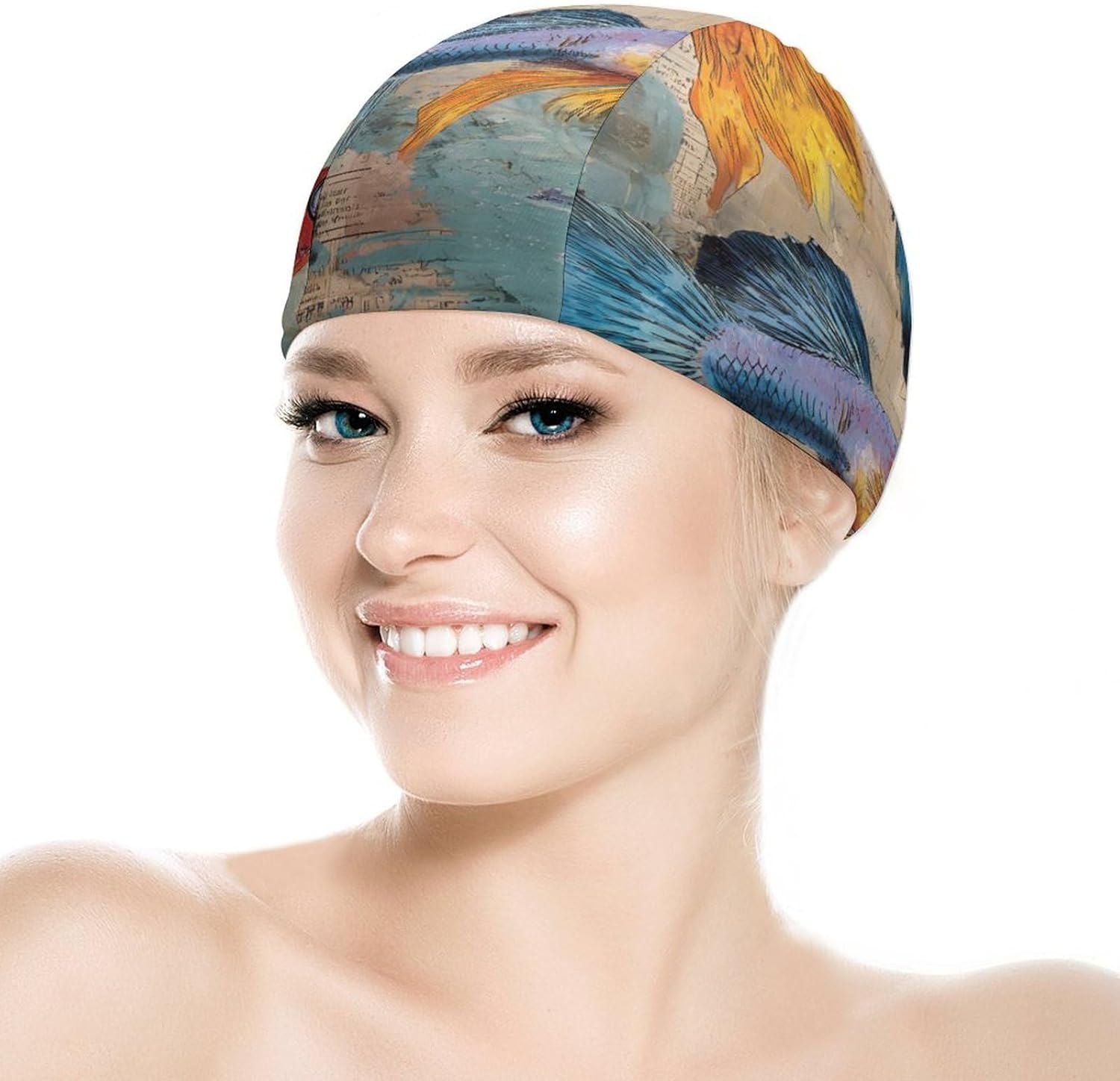 Guppy Fish Ocean Vintage Newspaper Womens Swim Cap for Men Adult Swimming Hat Curly Short Medium Long Hair