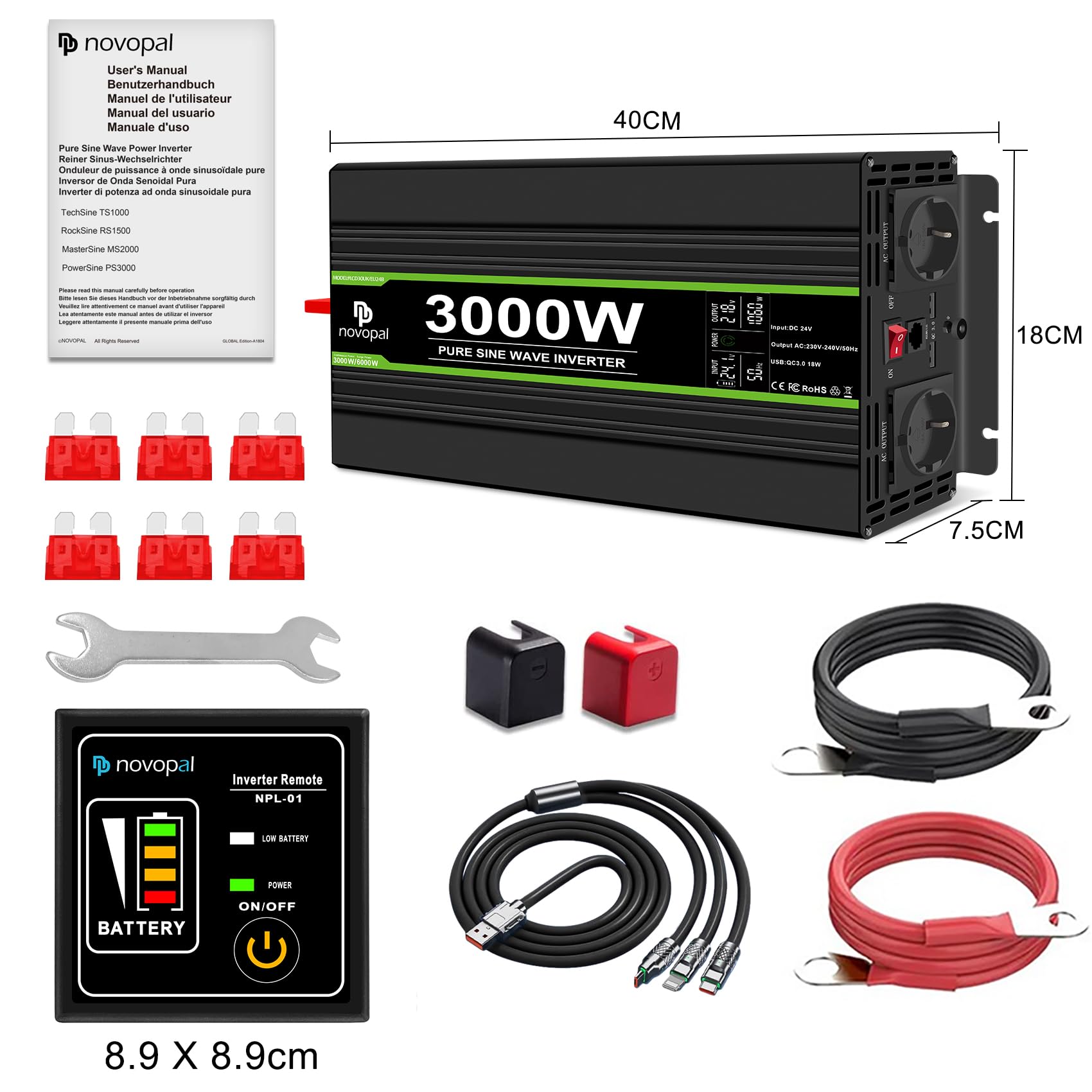Novopal 3000W Onda Sinusoidale Pura Power Inverter DC 24V in AC 220V con Display LCD Codici di Errore,2 EU Presa con USB QC3.0 18W,5M di Telecomandoper per Camion Camping Macchina da Caffè
