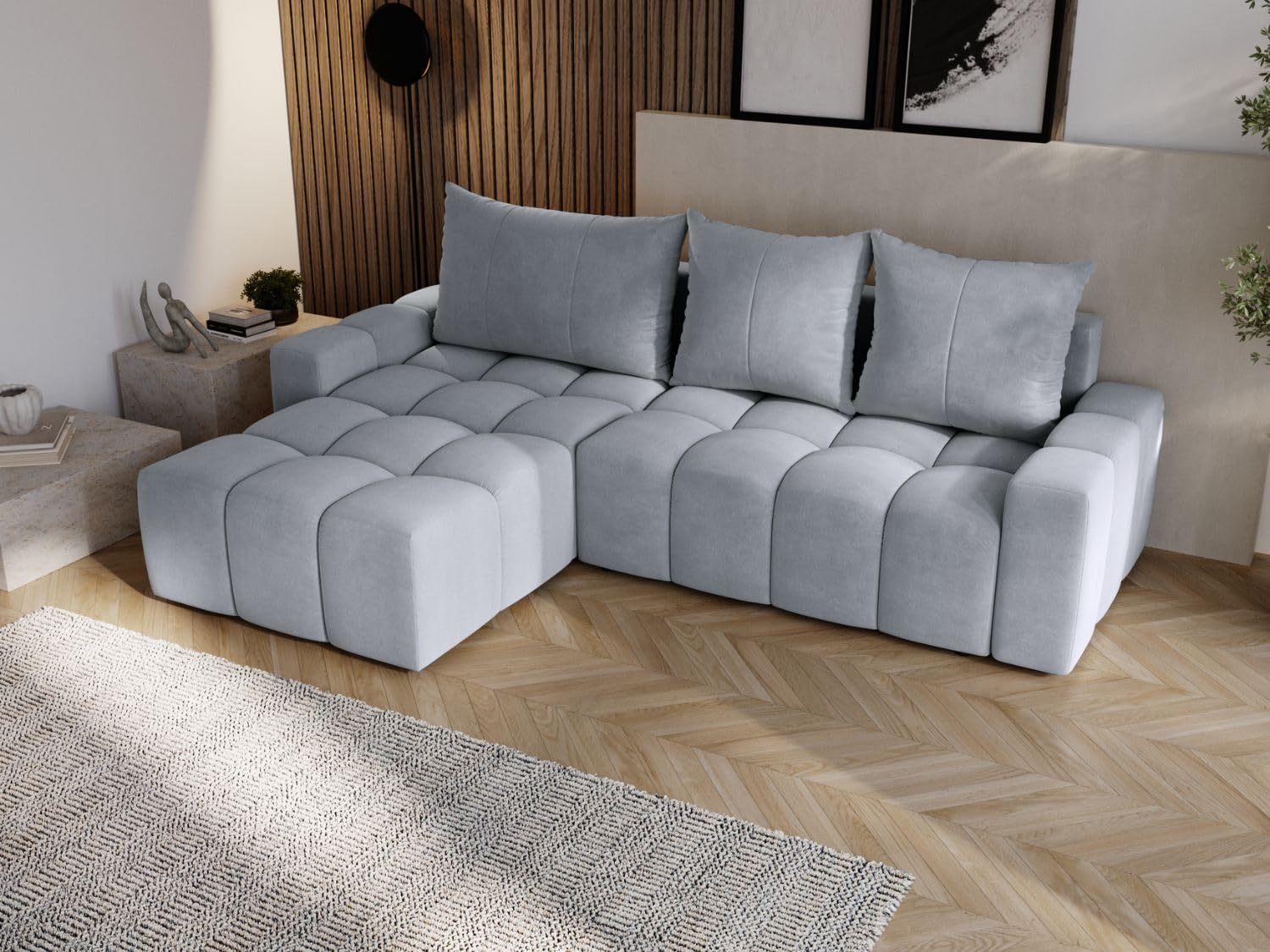 GRAINGOLD Bresso Ecksofa mit Schlaffunktion & Bettkasten 255x168 cm, L-Form Sofa mit Stauraum, Schlafcouch für Wohnzimmer, Samt Stoff, 3-Sitzer Eckcouch, Modernes Design (Hellgrau)