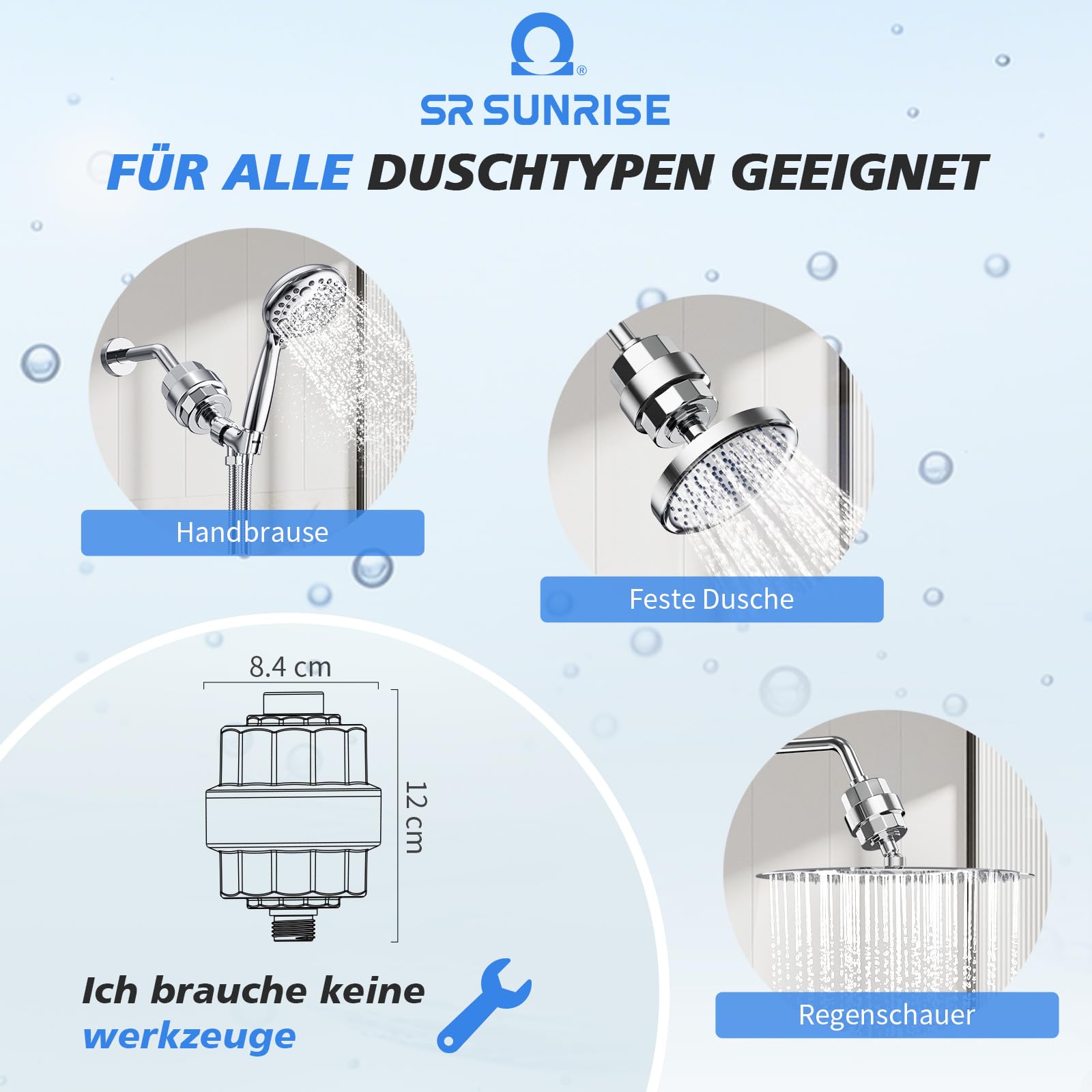 -SR SUN RISE Shower Filter & Duschfilter 20-Stufen mit 3 Filterpatronen - Wasserfilter Dusche gegen Kalk/Chlor/Fluorid verbessert Haut- & Haargesundheit - Chrom