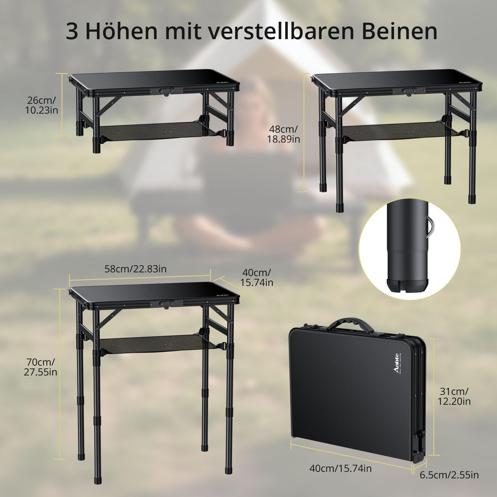 Anbte Campingtisch Klappbar 58x40cm Aluminium-Rahmen & Kunststoff-Tischplatte mit 3 Höhen Verstellbar 26/48/70cm Picknicktisch mit Aufbewahrungsnetz Klapptisch für Garten Balkon (Ganz Schwarz)