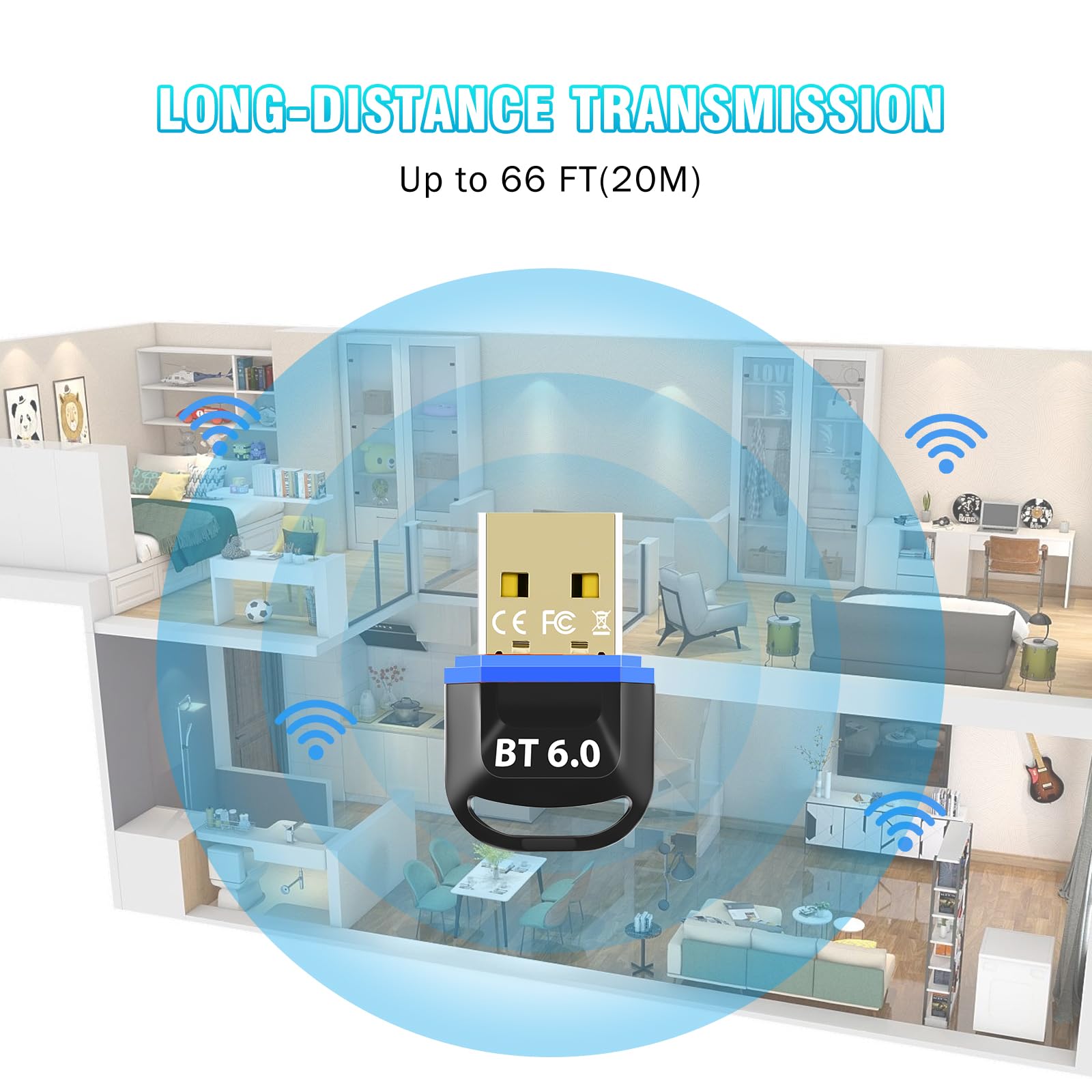 Adattatore Bluetooth 6.0 per PC, adattatore USB Bluetooth per desktop, laptop, PC, auricolari, tastiera, mouse, Bluatooth stereo, con Windows 11/10/8.1