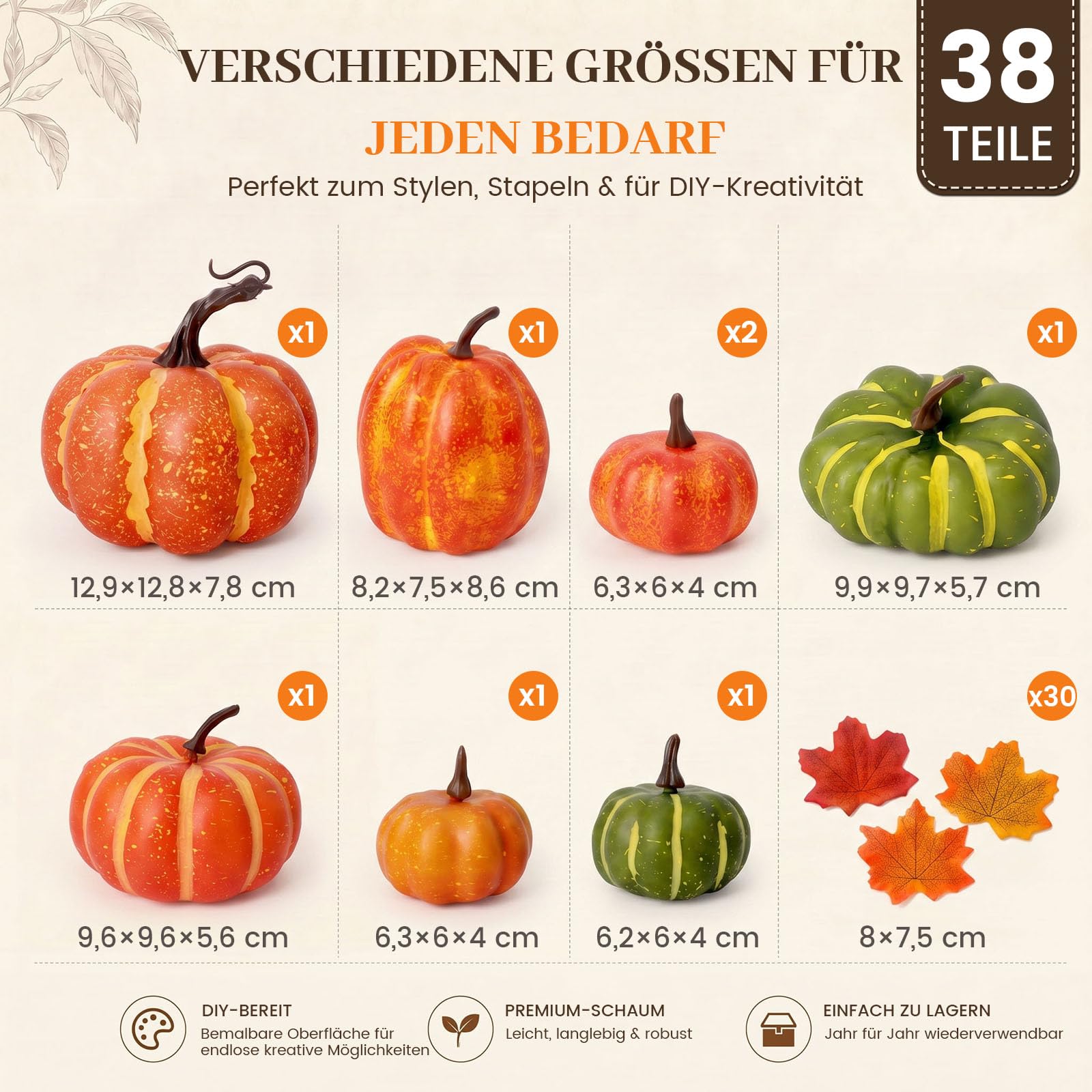 HAKACC Künstliches Kürbissse Set, 8 Verschiedene Gefälschte Kürbisse mit 30 Blatt Künstlichen Ahornblättern für Thanksgiving-Halloween-Party-Dekoration
