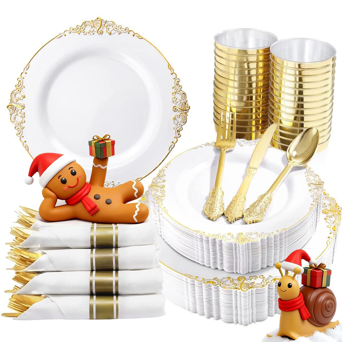Nervure 350PCS White and Gold Plastic Plates & Pre Rolled Napkins with Gold Plastic Cutlery for 50 Guests-Gold Disposable Plates, 150Gold Plastic Silverware, 50Cups and 50Napkins for Party & Wedding