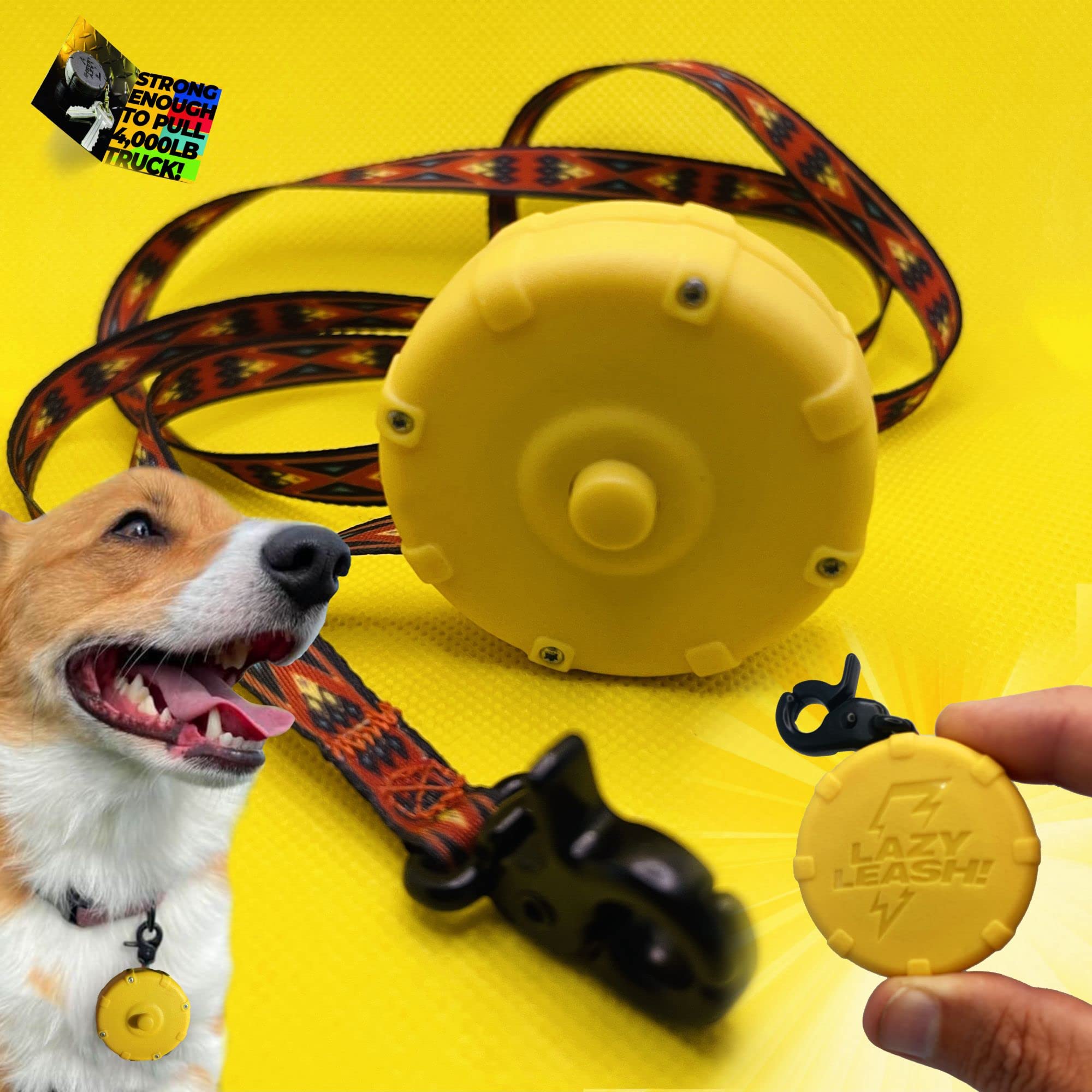 Lazy Leash! Yellow + Freebie Mini Wearable Lightweight Adjustable Power Lead for Adventure, Training, Fun & Control. 2 Retractable Clip-On Keychain Dog Leashes Strong Enough to Tow a Truck!