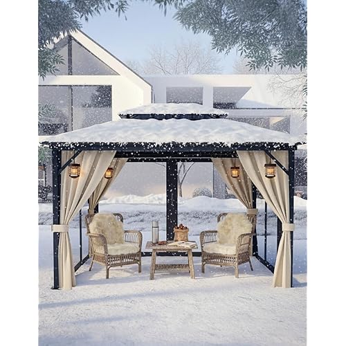 GarveeLife 10 ft x12 ft Hardtop Gazebo for All Weather, with Double Metal Roof, Aluminum Alloy Frame, Net, and Curtain, Permanent Building for Patio, Deck, Backyard, Lawn, and Garden