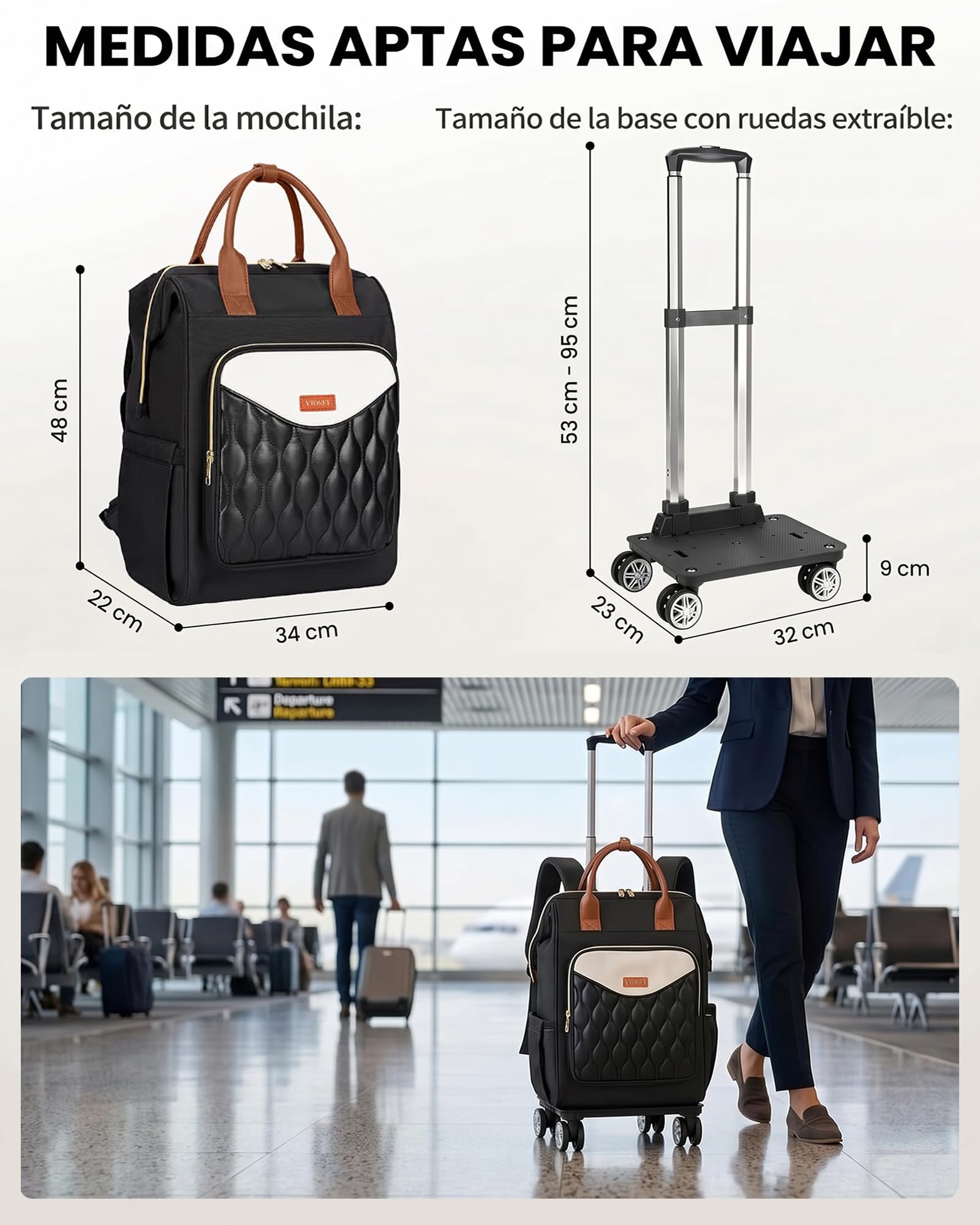 Ytonet Mochila con Ruedas Mujer, Mochila Ruedas con Trolley Desmontable