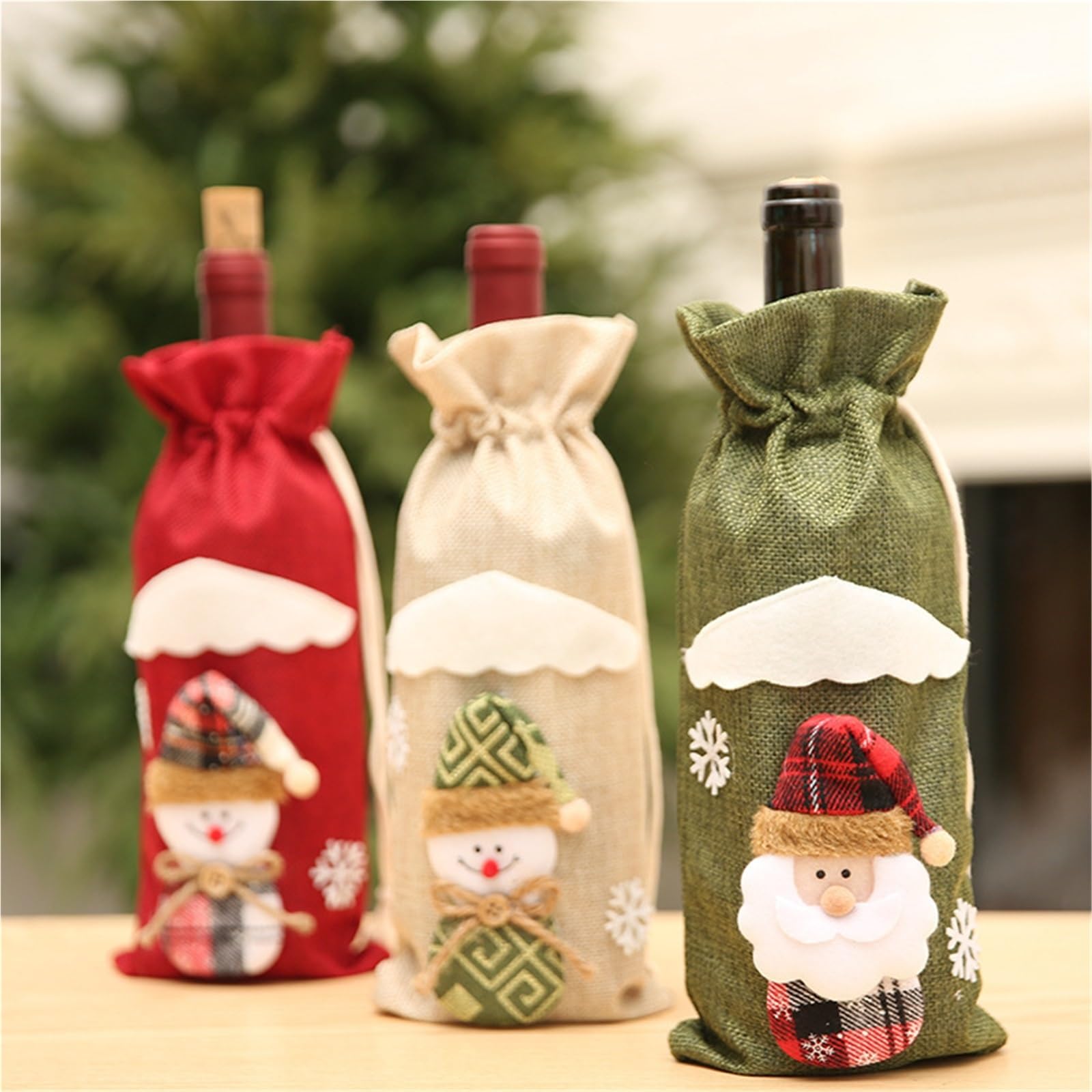 Lot de 3 Housses Bouteille vin Rouge Champagne Noël, Sac en Lin, Ensemble Bouteilles Table, Habillage pour Bouteilles