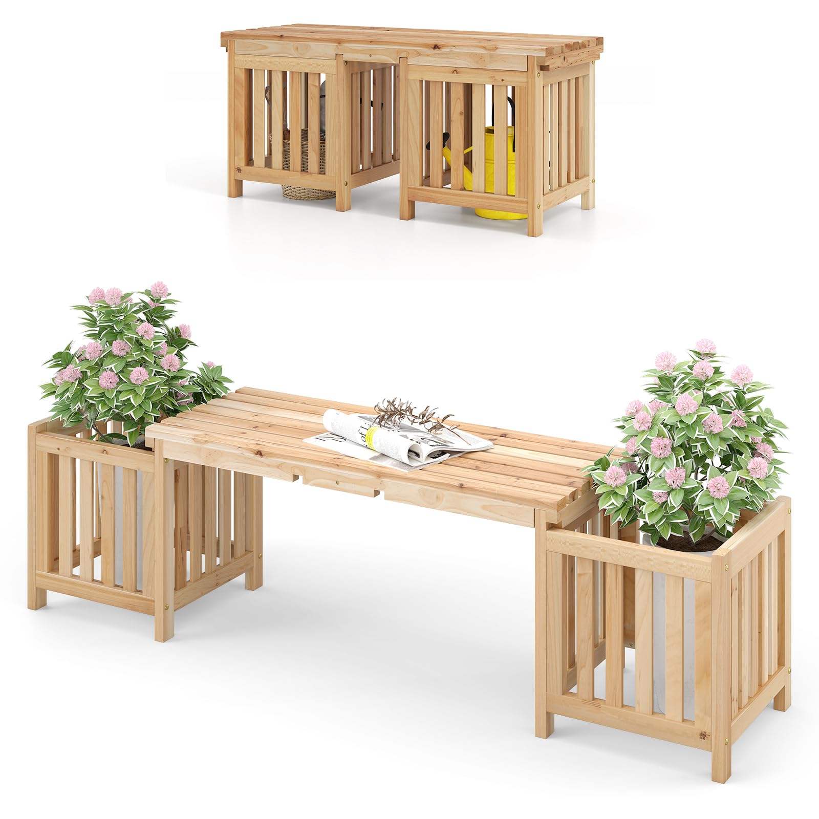 HOMASIS 2 in 1 Blumenkasten mit Gartenbank, 2-Sitzer Sitzbank mit 2 Pflanzkästen, 2 Pflanzkübel mit Bank aus Massivholz, Outdoor Holzbank Gartenmöbel für Garten Hof Terrasse (Natur, 173x40x48 cm)