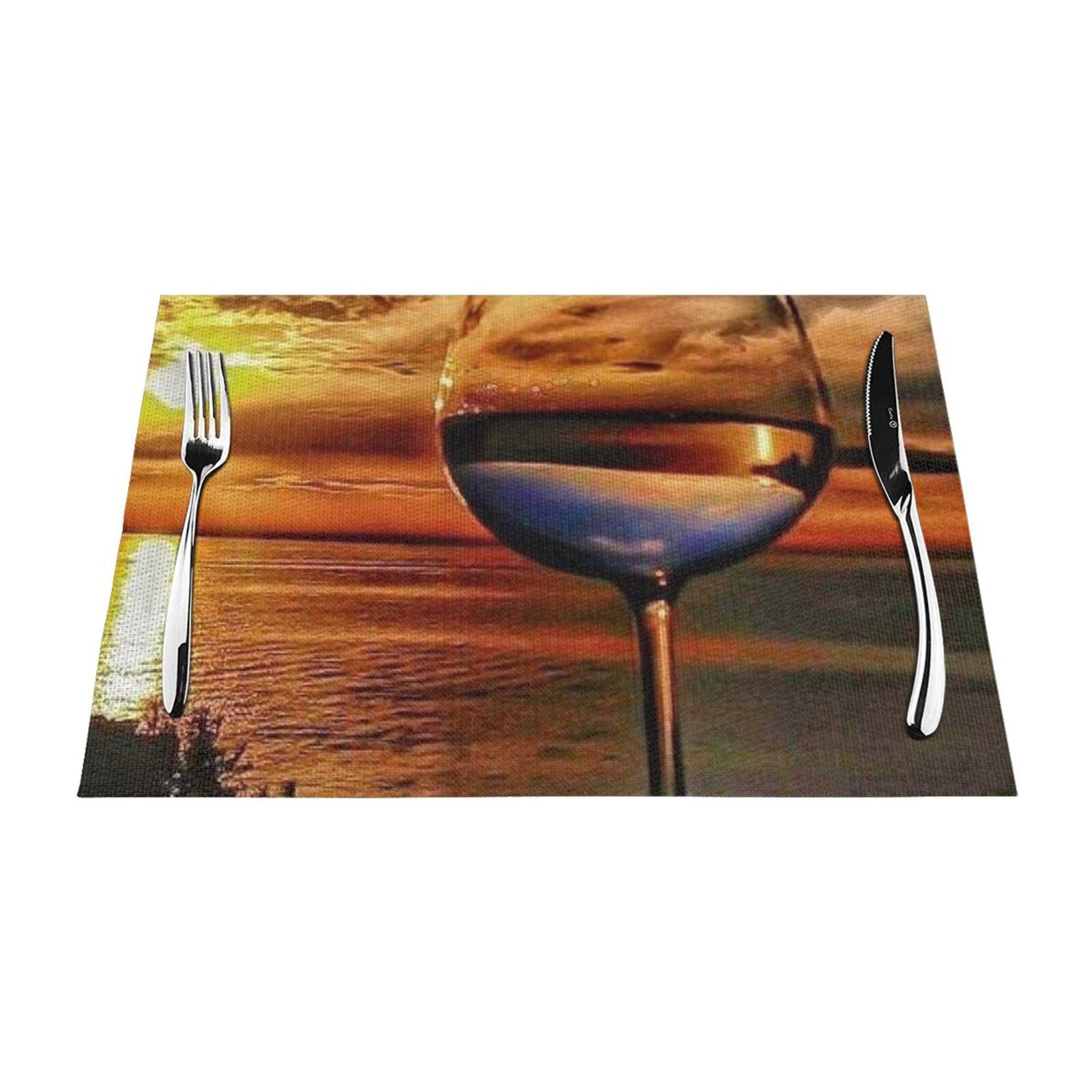 PVC Placemat Set of 6 PCS, 45x30 CM, Sunset Wine Glass Printed Non-Slip Heat Resistant Place Mats for Kitchen Dining Table Indoor Outdoor