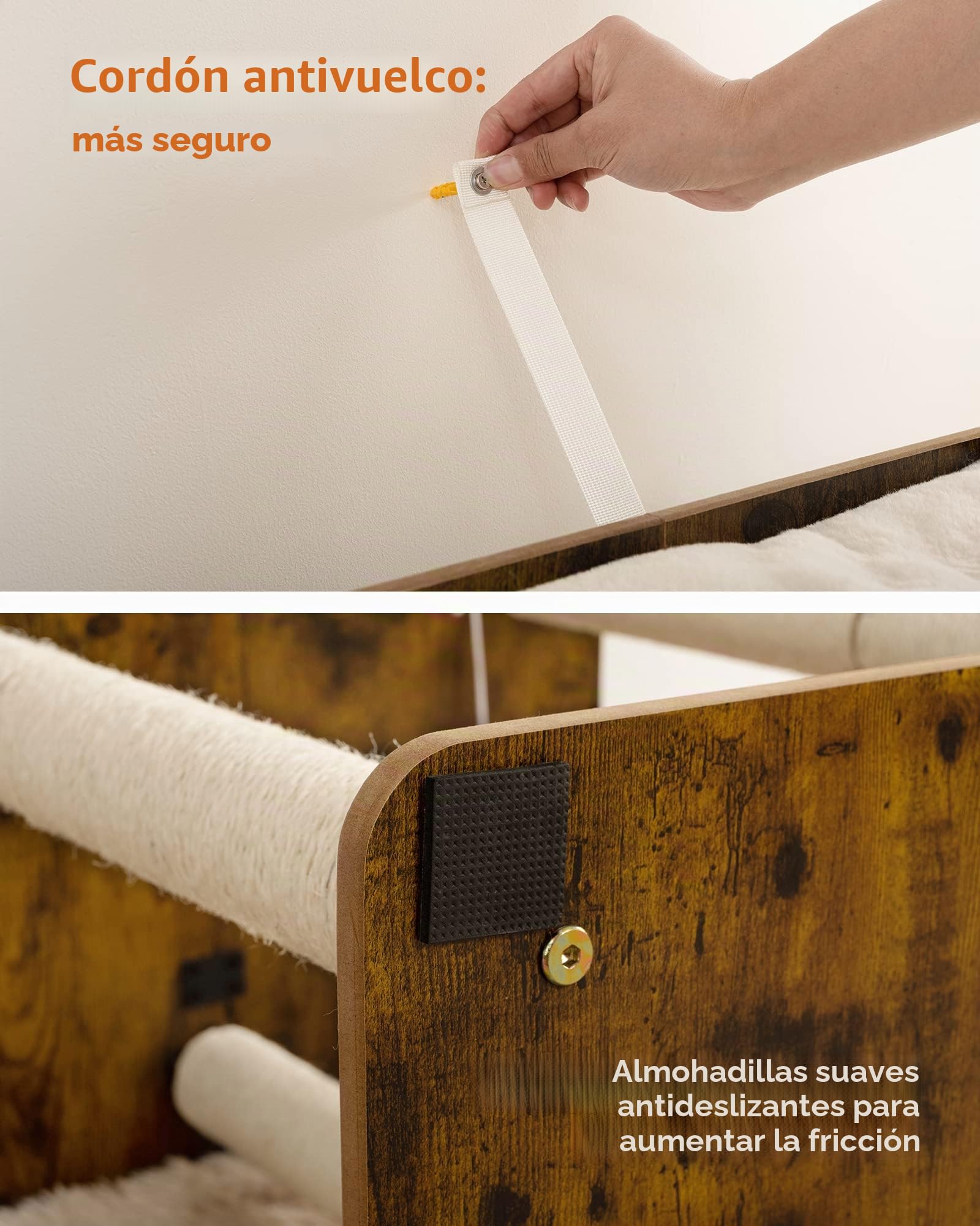FourFurPets 3 Niveles Moderno Árbol para Gatos, Altura 111 cm, Torre de Gatos, con 2 Postes de Sisal, 3 Gran Plataformas, Pompones, Marrón Rústico