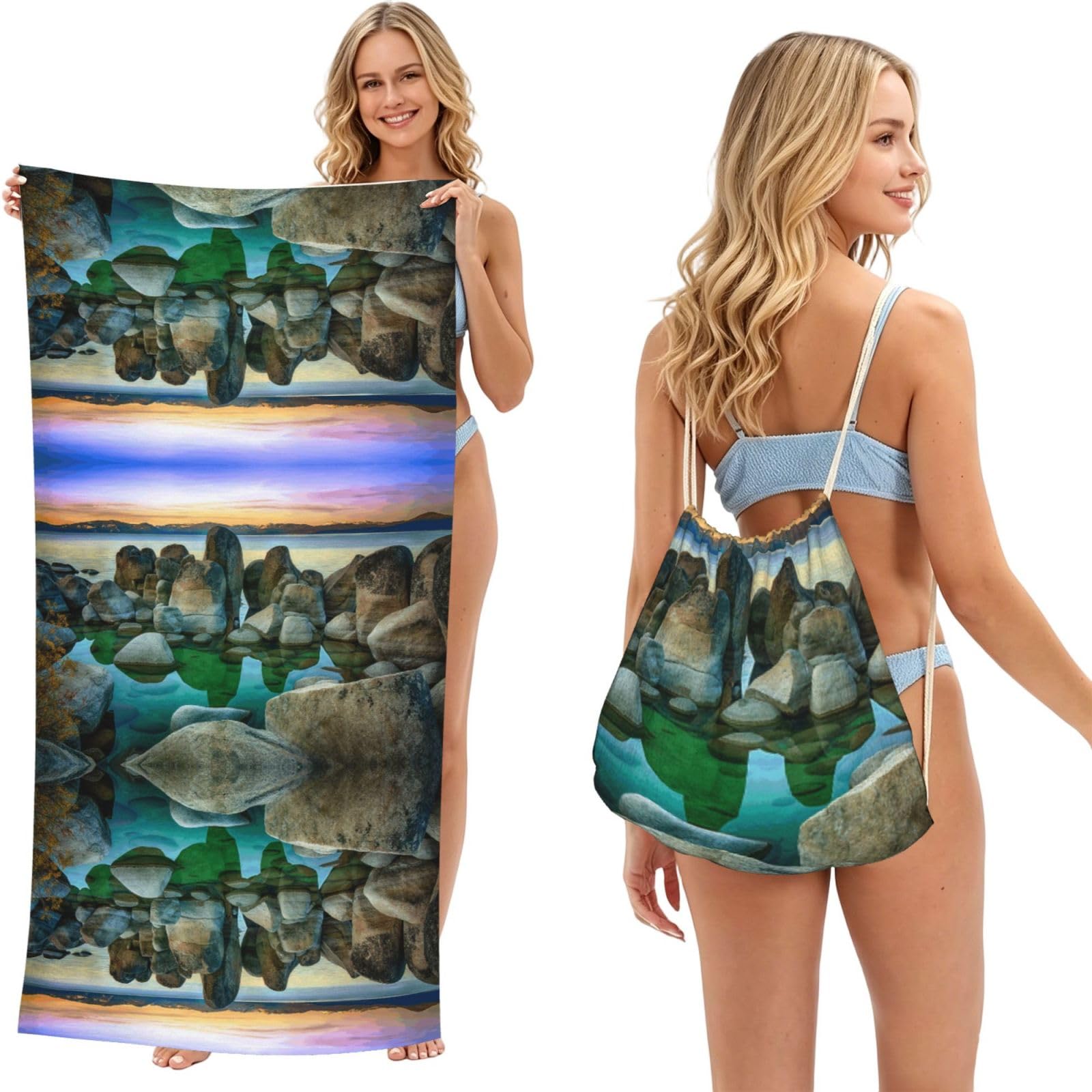 Ezdlowvba Black Mountain And Lake Print Beach Towel Backpack 2 In 1 Summer Large Lightweight Beach Towel - Multifunctional Ship Pattern Towel Bag For Storage,Sport