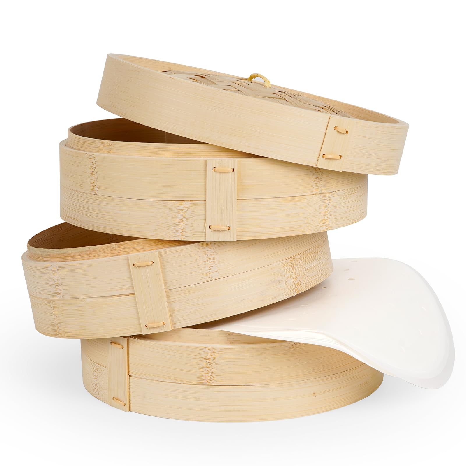 Cesta de vapor de bambú de 3 niveles de 10 pulgadas con 50 papeles de pergamino, para cocina, albóndigas, bollos, Dim Sum