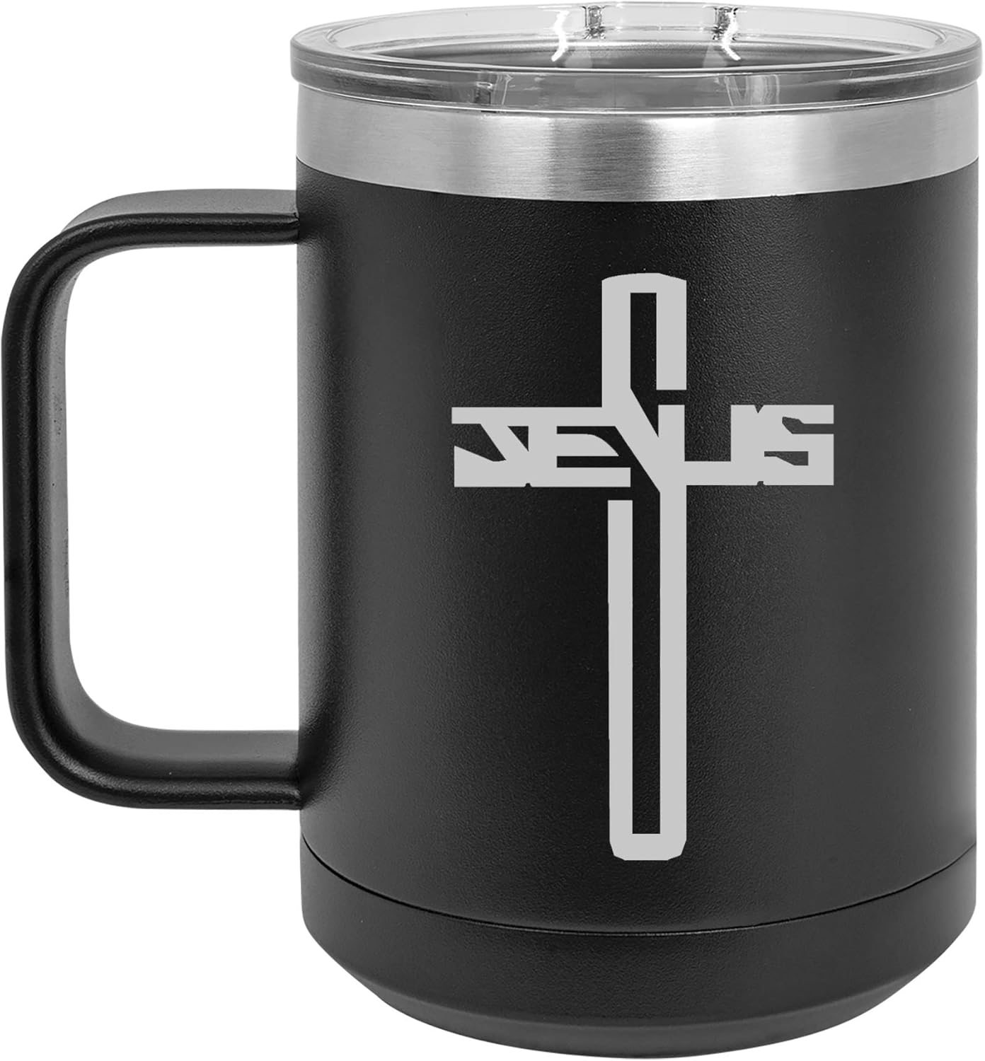 15 oz Tumbler Coffee Mug Travel Cup With Handle & Lid Vacuum Insulated Stainless Steel Jesus Cross (Silver)
