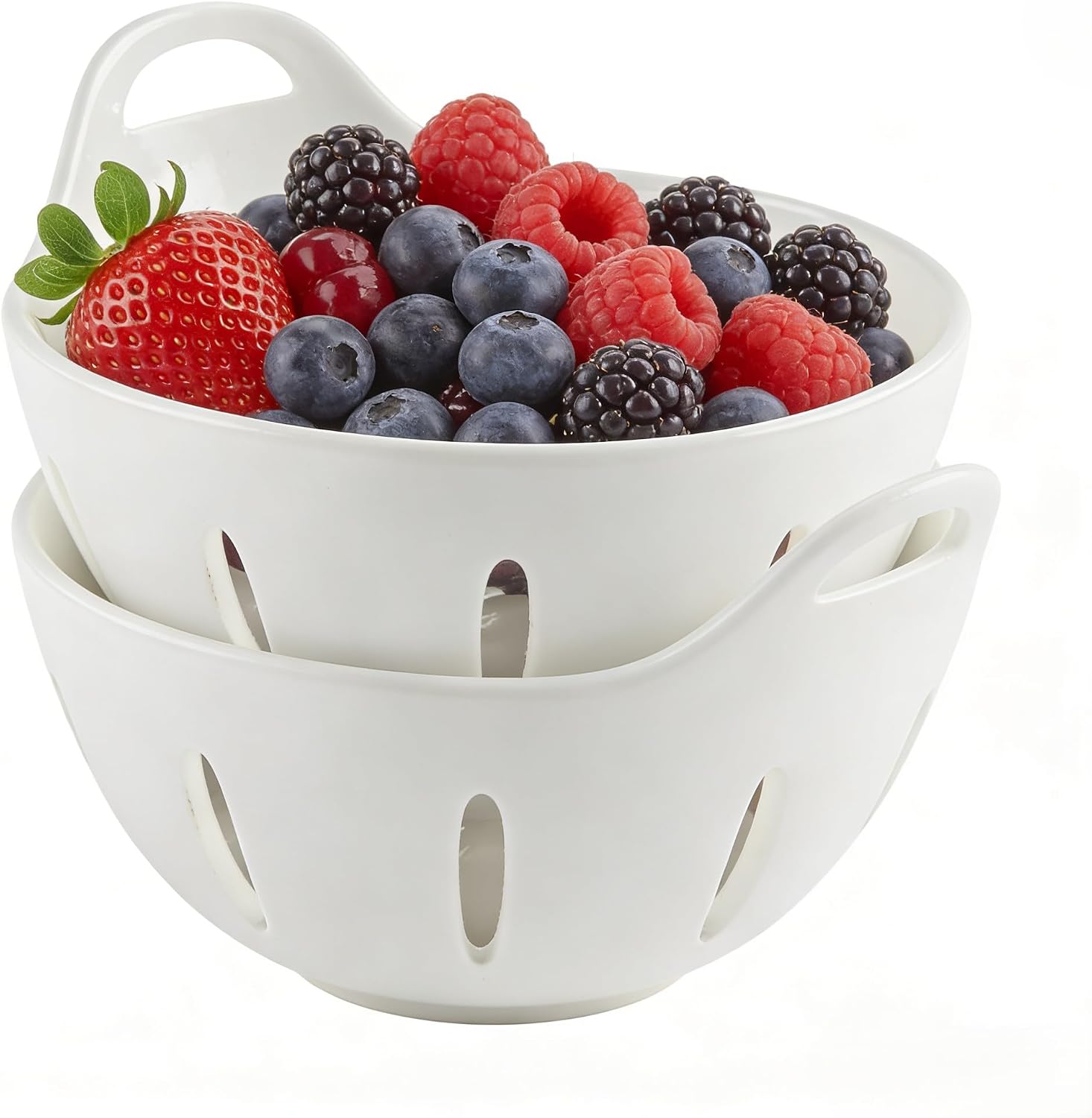 Ceramic Berry Basket,5.9 inch Fruit Bowl,Round Berry Colander with Holes & Handle,Small Fruit Basket for Kitchen Counter,Cute Containers for Berries, Strawberry, Grape, Cherry,Set of 2, White