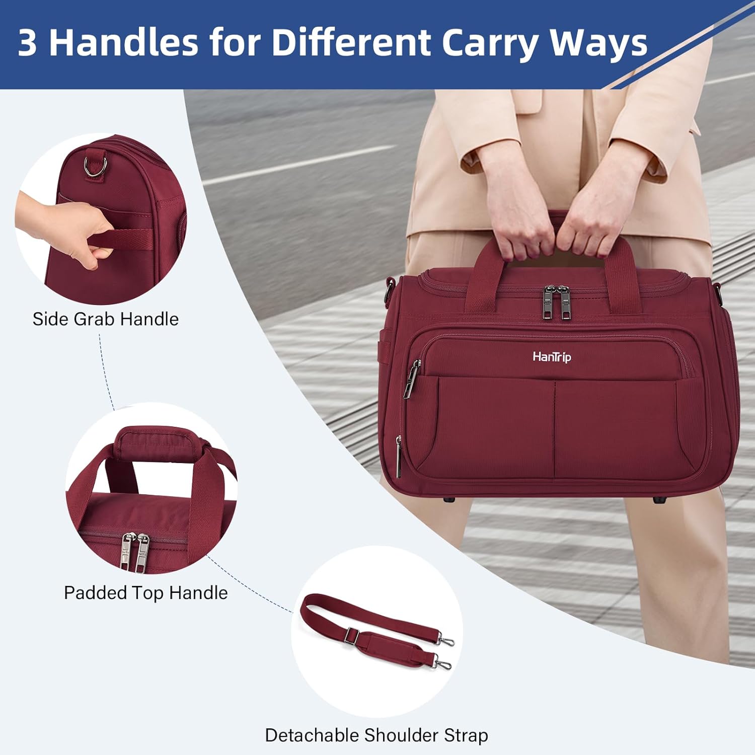 Carry on Duffel Bag Foldable Duffle Bags for Travel, Under Seat Personal Item Bags for Airplanes, Weekender Overnight Mens Travel Tote Bag for Women Small Softside Carry on Luggage (Burgundy) - Image 6