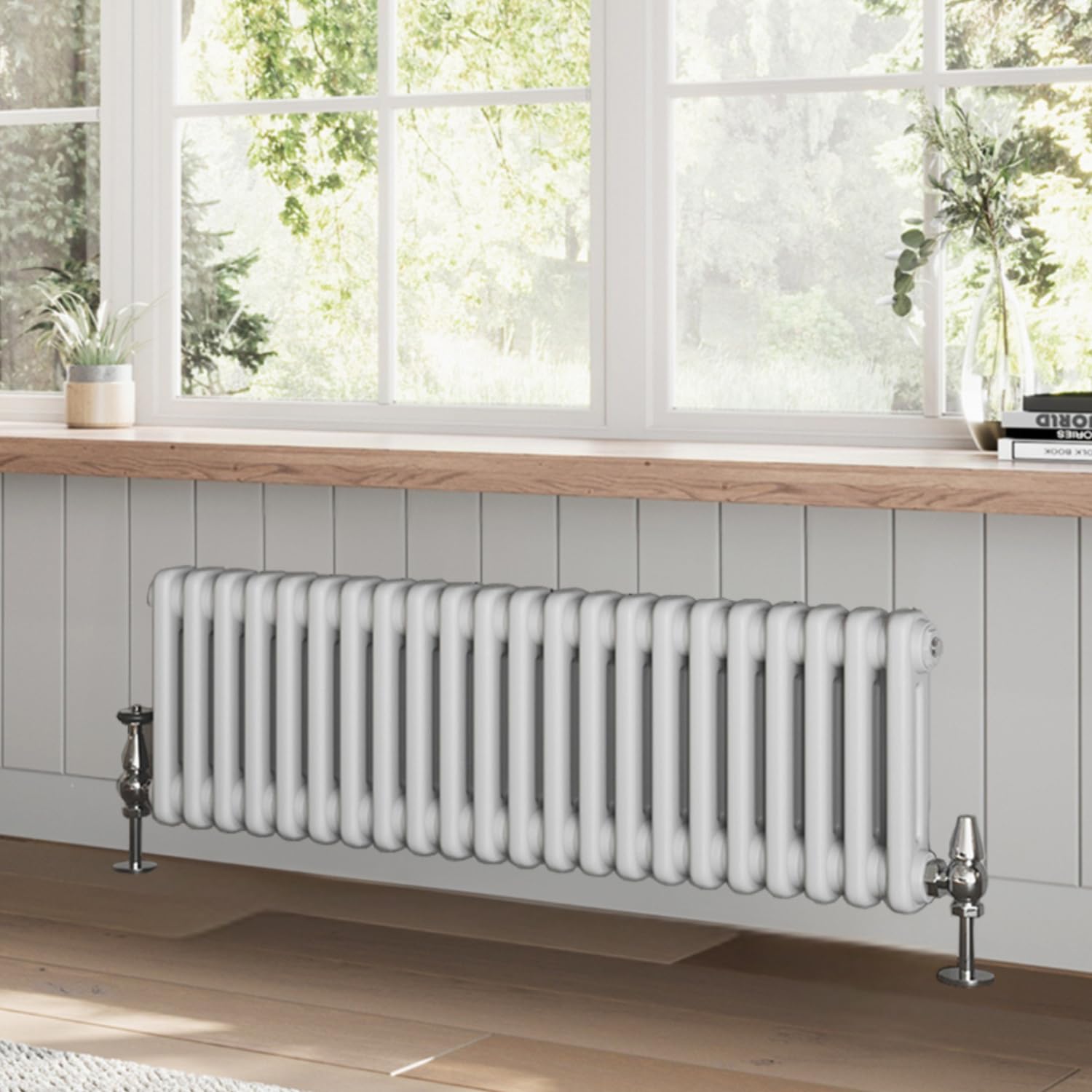 Go Bathrooms Utopia White Horizontal Radiator 300 x 1010mm Traditional Cast Iron Style 2 Column White Central Heating Living Room Radiator