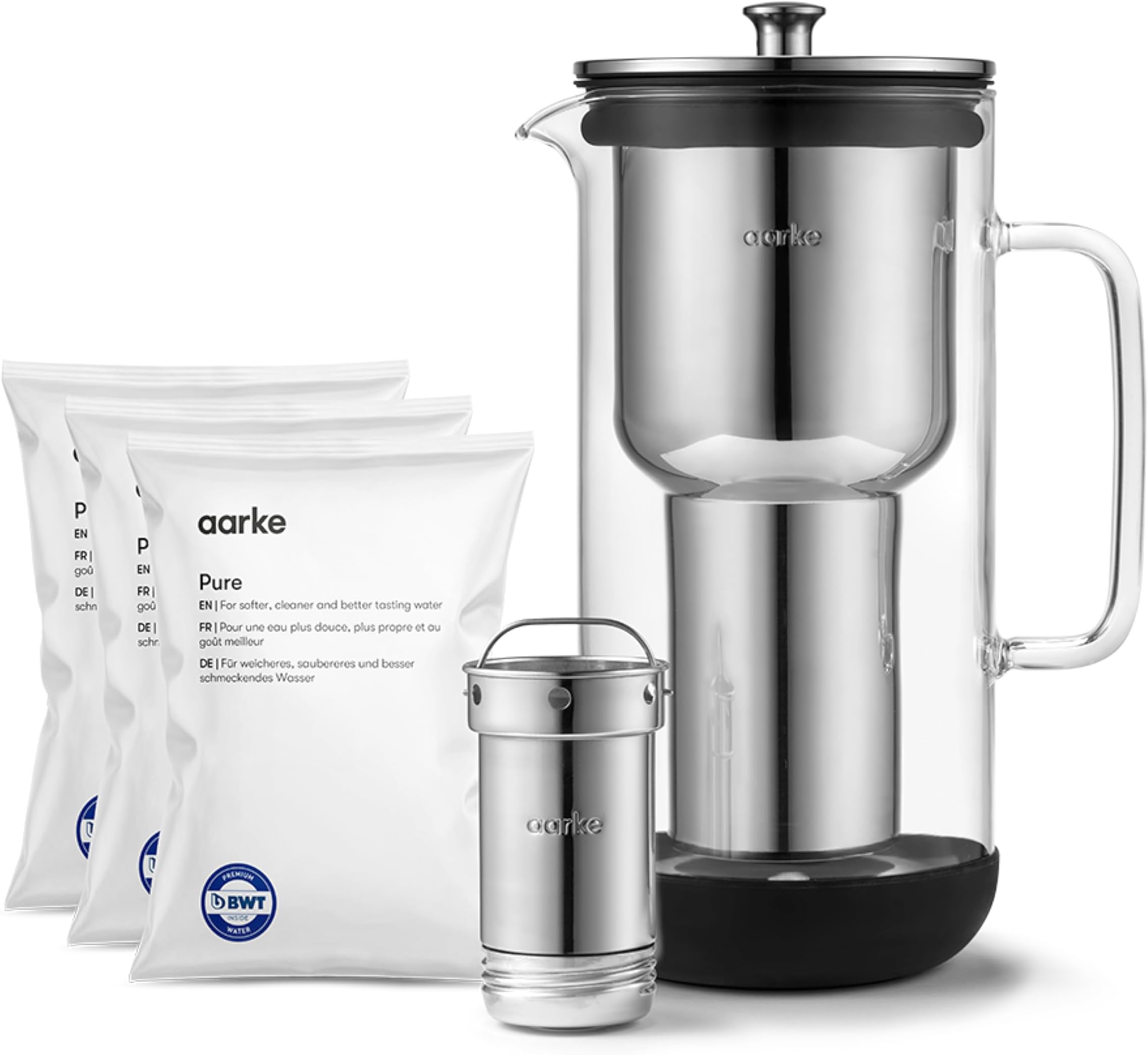 Purifier, Water Filter Jug in Glass and Stainless Steel (2.4L/10 cups) + 3-Pack Pure Filter Refill Bags