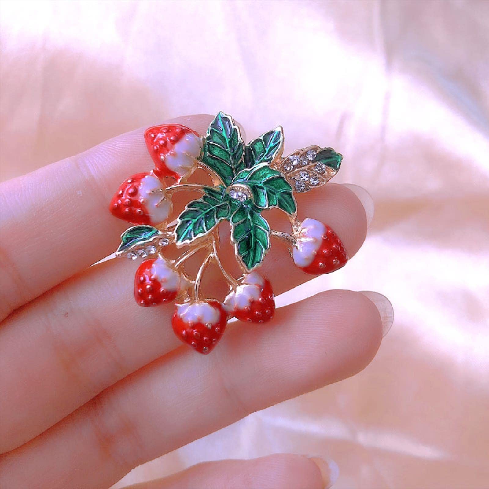 Broche Vintage En Forme De Fraise - Argent, Émail Rouge/Vert Et Strass - Thème Noël - Occasion