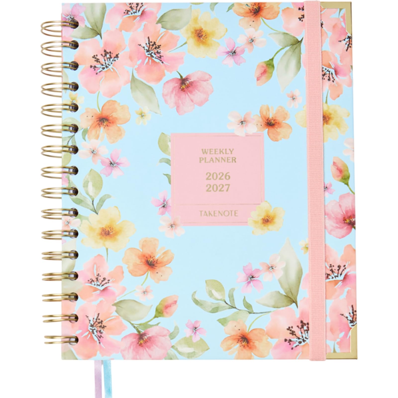 Takenote Diary 2026 2027 - Academic SEP/AUG, A5, Week to View, Hard Cover, Double Spiral Binding, 2 Ribbon Bookmarks, Elastic Closure, Monthly Tab Index, 8 Sticker Pages, Spanish and English - Nicole