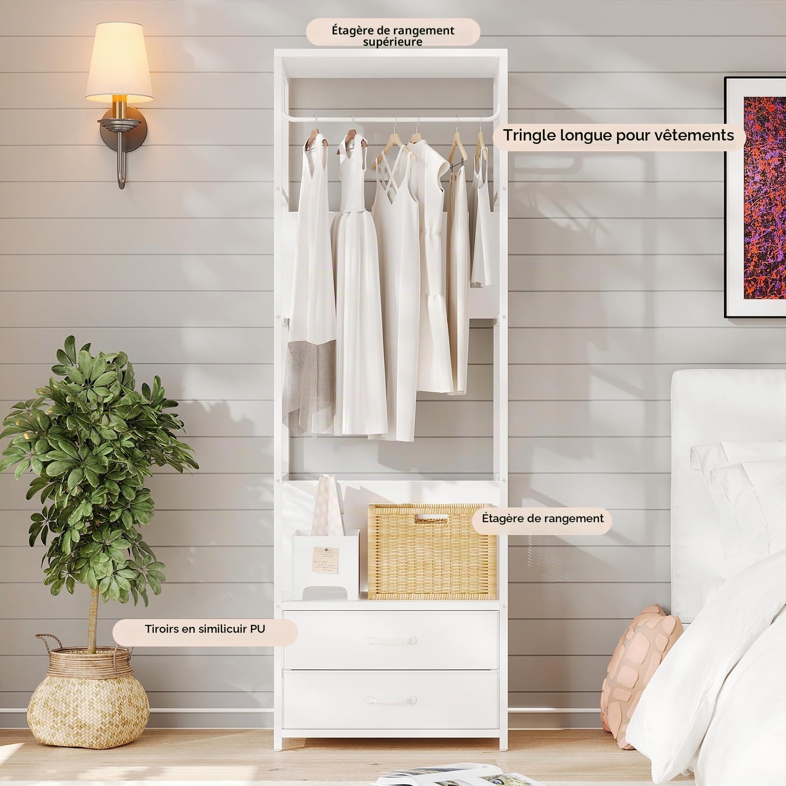 VOWNER Porte Manteau Meuble Entrée Portant Vetement 2 Tiroirs 4-en-1 | Cadre en acier avec tringle et étagères, 60 x 40 x 180 cm pour couloir, chambre