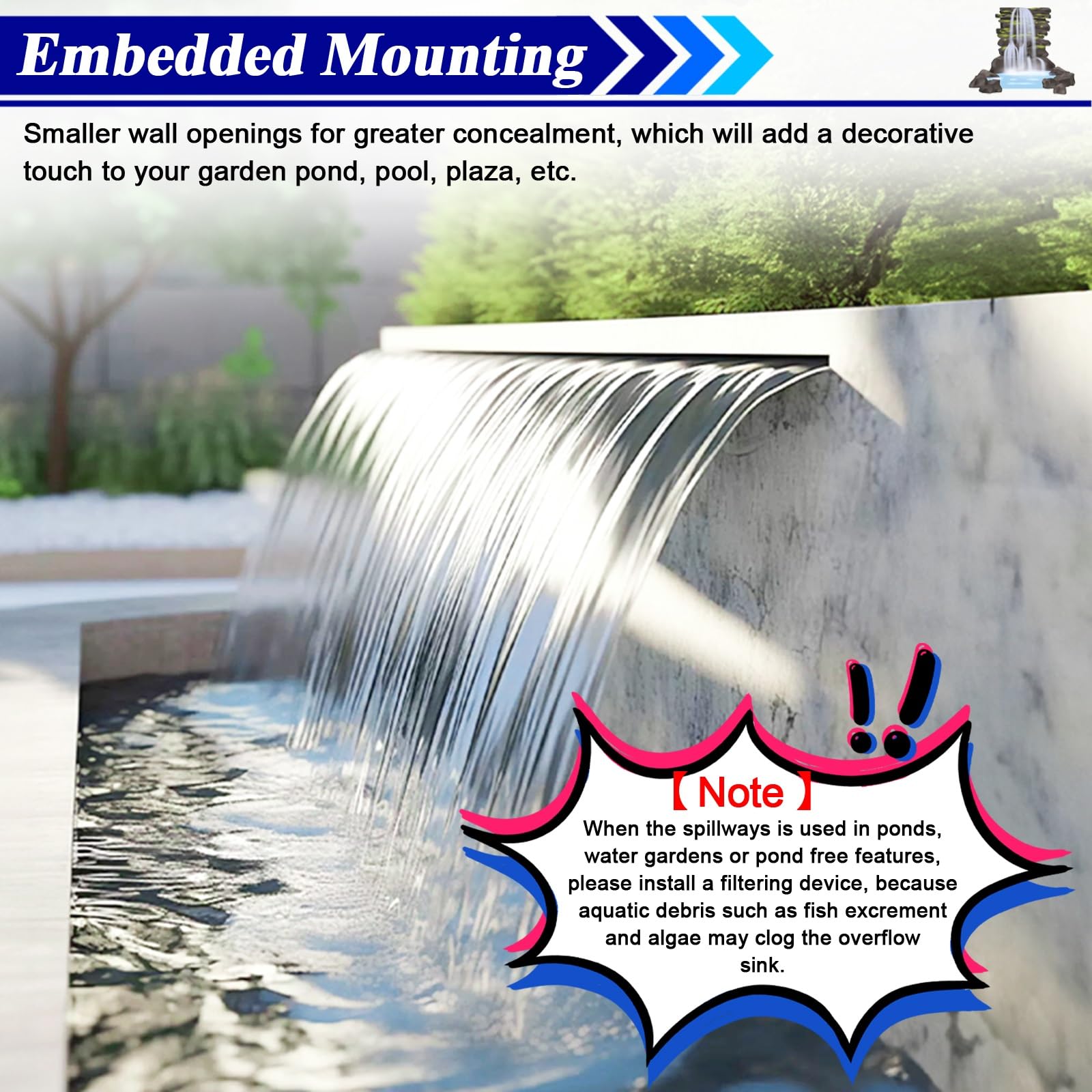 cascada piscina Aliviadero de cascada para patio trasero, exterior, 60 90 100 120 150 y 180 cm de ancho, acero inoxidable, caja de cascada para estanque, salida de agua, empotrada en la pared, para vi