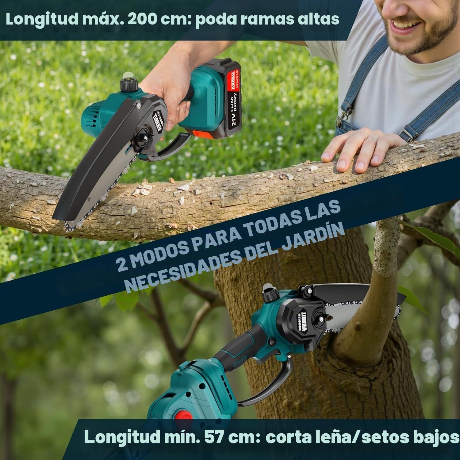 Anbull 2-en-1 Motosierra Bateria con Pértiga6" con Alcance 4.8m | 2 Baterías 4000mAh, Motor Brushless, Compatible con Baterías Makita 18V - para Jardinería