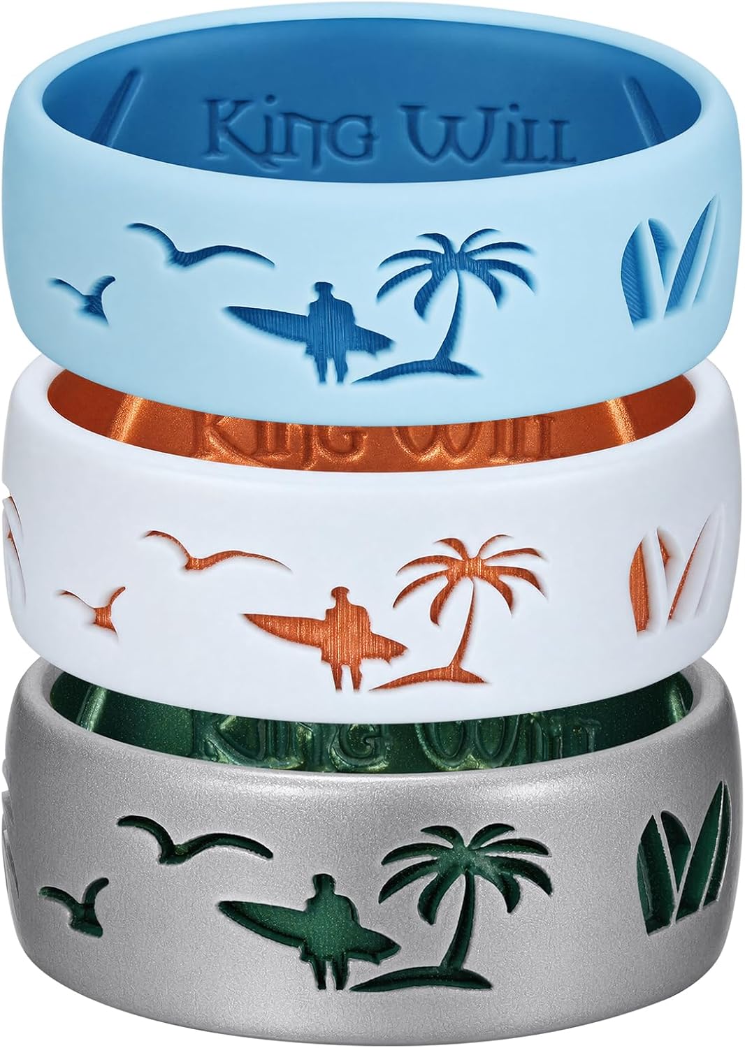 Mens 3PC Wild Silicone Wedding Band Lasered Rubber Rings Vacation 8mm