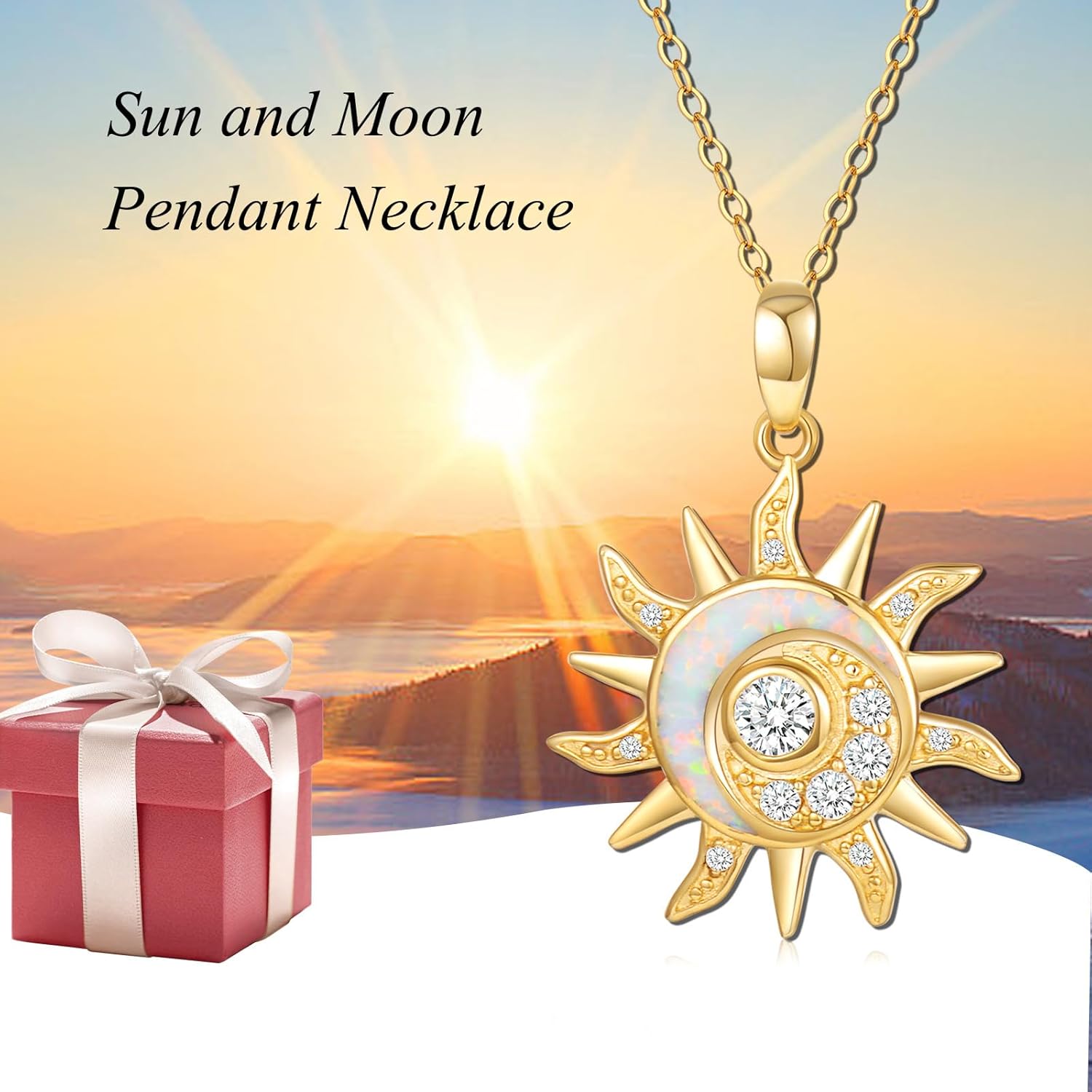 Aihpos 14K Solid Gold Sun and Moon Necklace - Dainty Sun Crescent Necklace with Opal Moon Charm Necklaces for Women - Image 3
