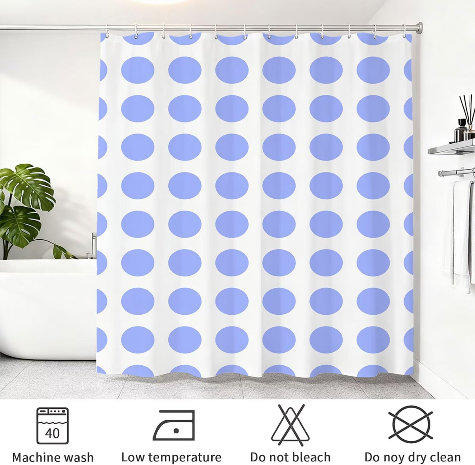 Rideau de Douche 180x240 cm - Tissu Polyester Imperméable Anti-Moisissure - 12 Anneaux Inclus - Ourlet Lesté pour Stabilité - Lavable en Machine - Idéal de Baignoire et Douche - Pois & Bleu Y1#519