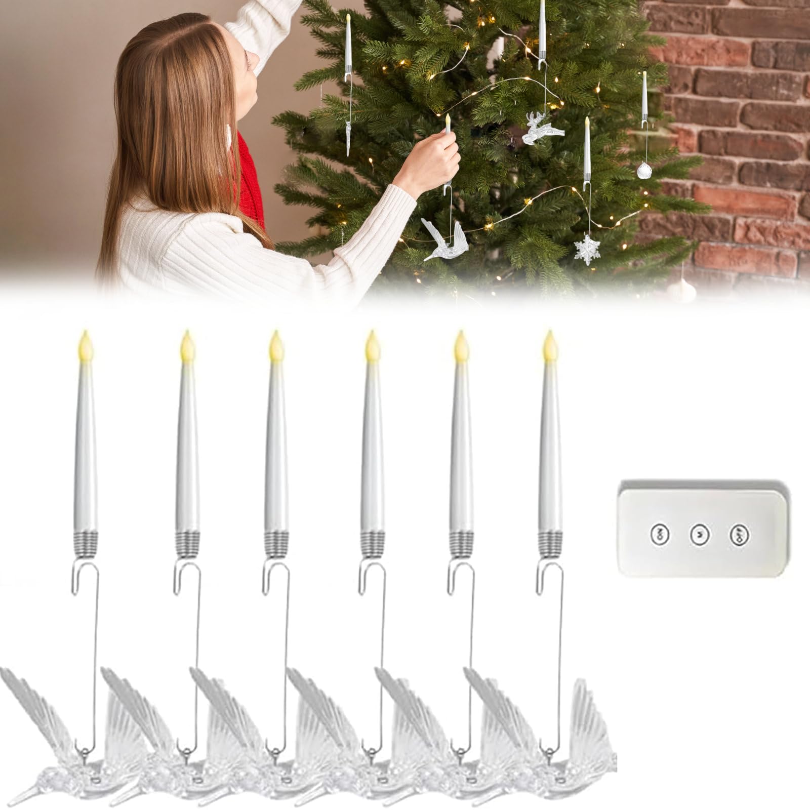 6PCS Christmas Tree Candles - LED Remote Control Flameless Taper Candles with Crystal Ball Hooks | 3 Lighting Modes | Battery Operated Christmas Decor, for Christmas Tree Home Party Decors(15cm) (D)