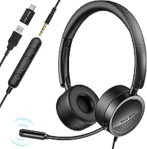 New Bee USB Headsets with Microphone, PC Computer Headset with Mic for Laptop, 3.5mm/USB Jack 2-In-1 Audio Line Control, Noise Canceling Office Headphones for Call Center, Gaming, Business, Skype