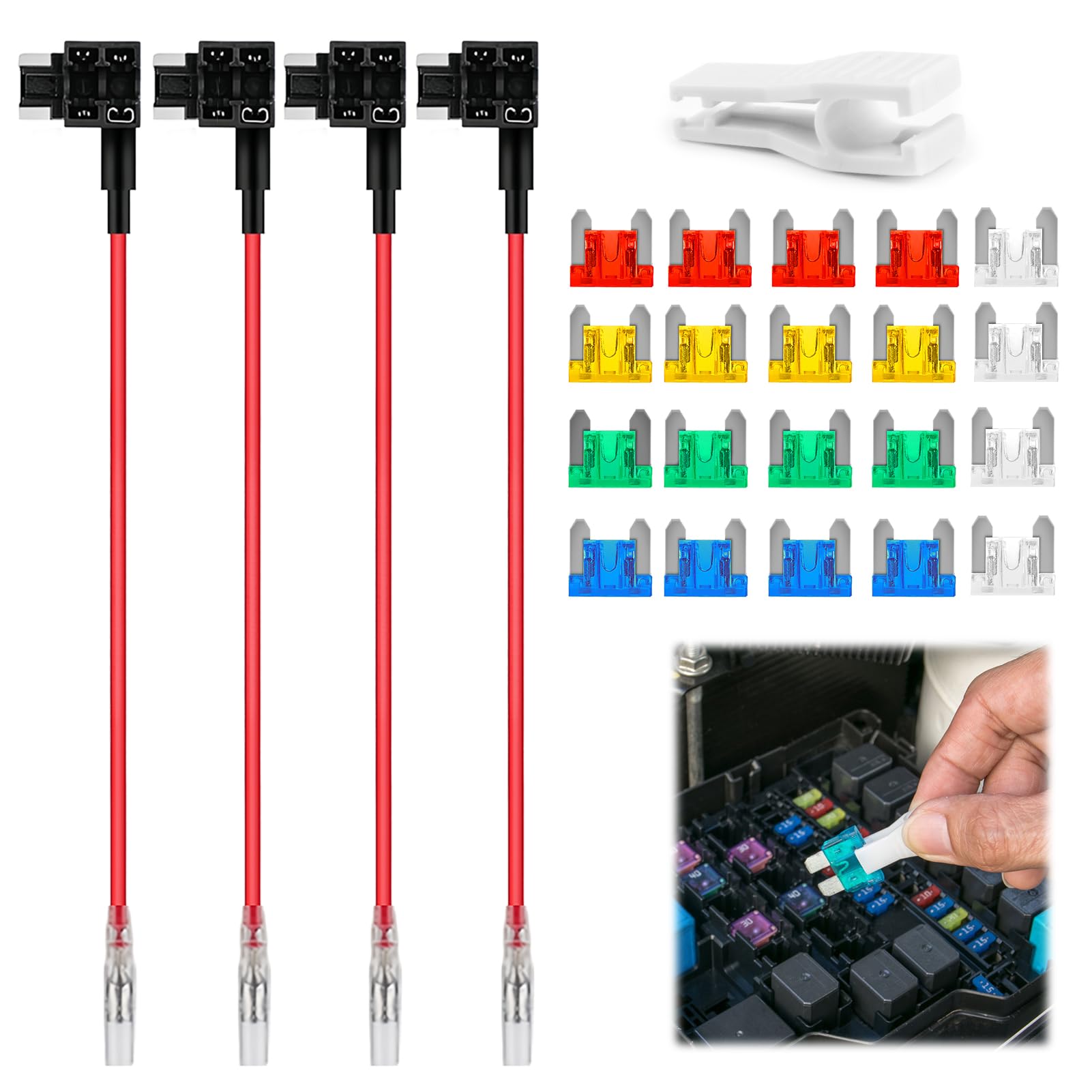 4 Pack 12V Car Add-a-Circuit Fuse Tap Adapter, Low Profile Mini Blade Fuse Taps with 20 Pcs Fuses (10A/15A/20A/25A/30A), Fuse Holder Jumper for Cars Trucks Boats
