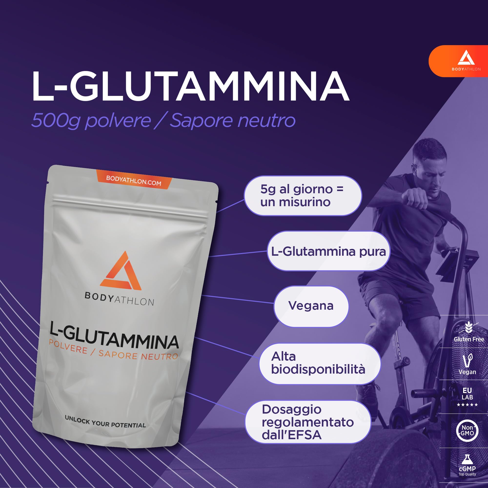 L-Glutammina in polvere 500g - aminoacido L-Glutammina dal sapore puro - 100 dosi di L-Glutammina vegana e senza glutine - Recupero muscolare - Bodyathlon